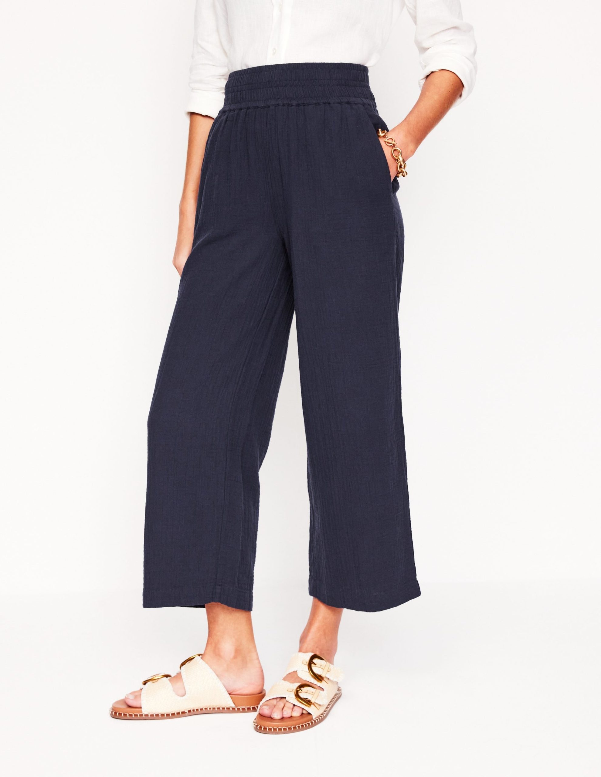 Cropped Double Cloth Pants-Navy - Image 5