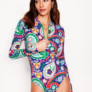 Sporty Raglan Sleeve Swimsuit-Multi. Meadow Paisley
