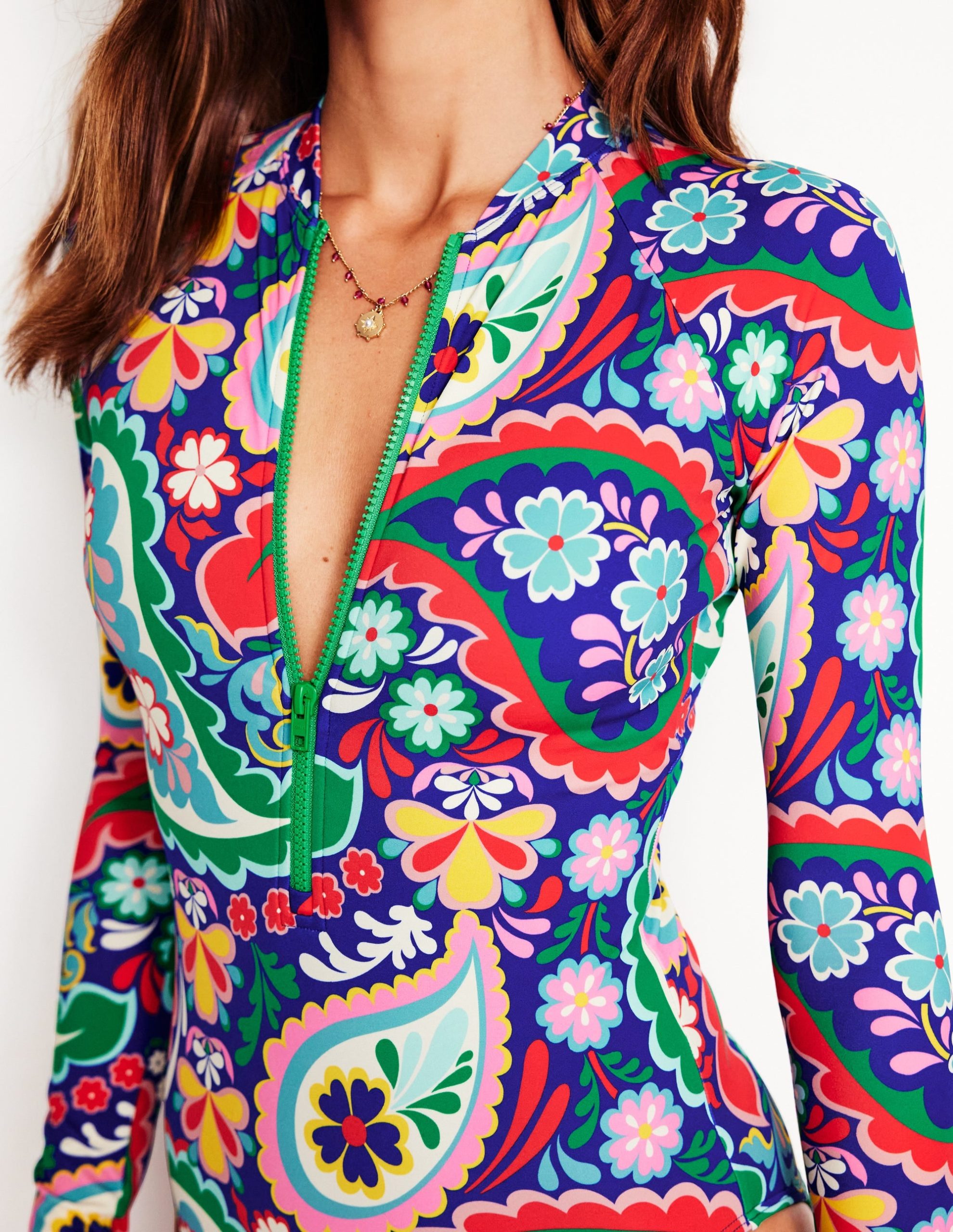 Sporty Raglan Sleeve Swimsuit-Multi. Meadow Paisley - Image 2