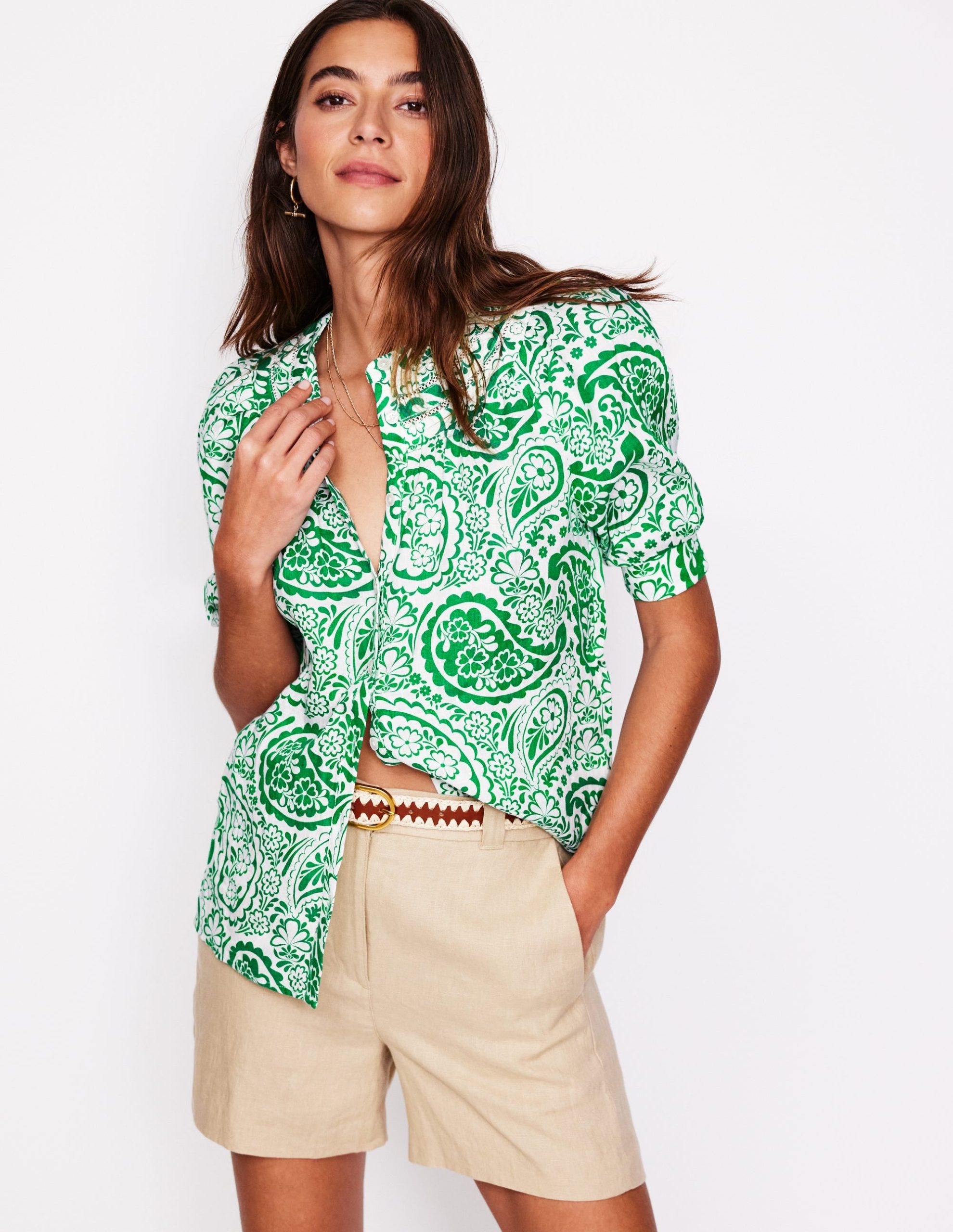 Bea Linen Top-Rich Emerald. Meadow Paisley