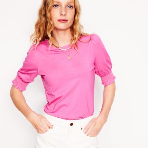 Short Sleeve Smocked Cuff Top-Tickled Pink