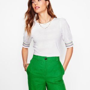 Short Sleeve Smocked Cuff Top-White