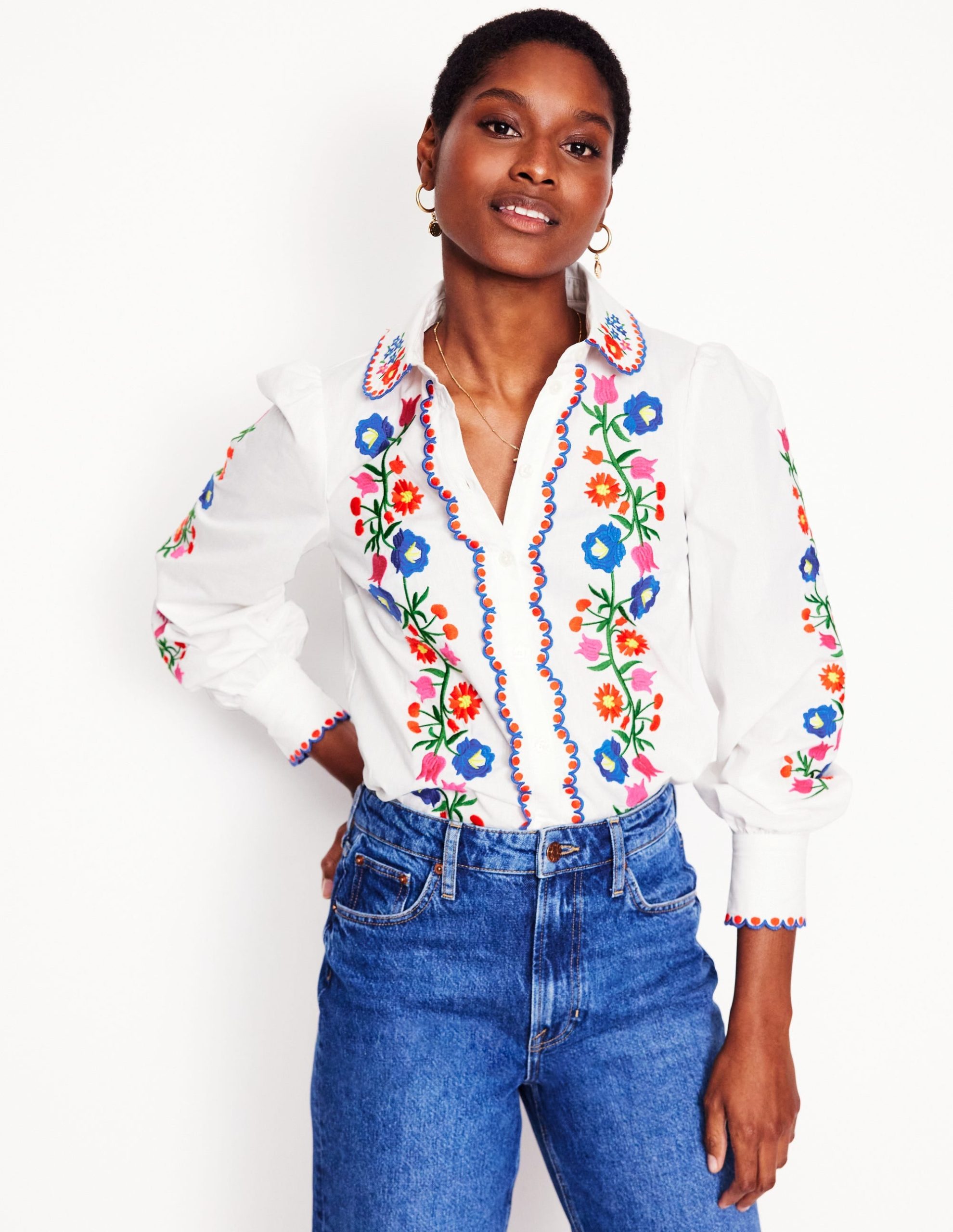 Embroidered Cotton Blouse-White. Floral Embroidery