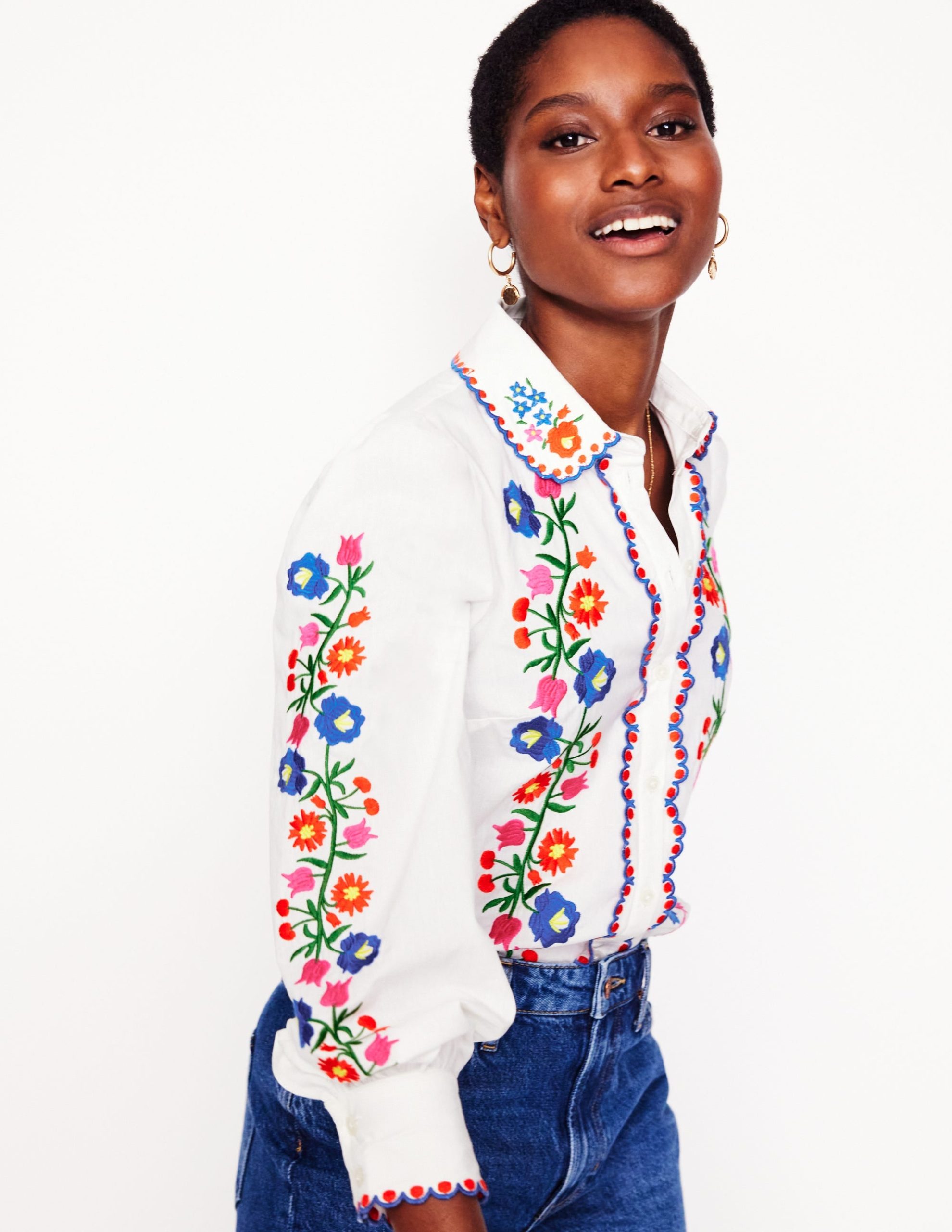 Embroidered Cotton Blouse-White. Floral Embroidery - Image 5