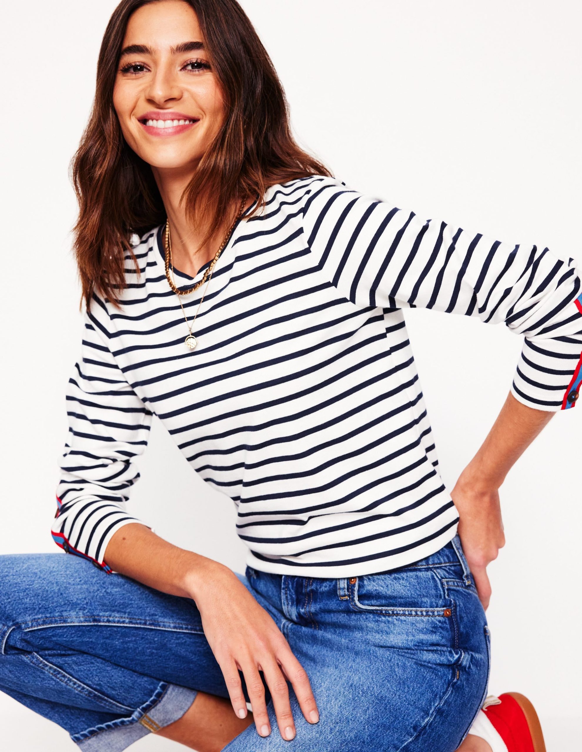 Button Cuff Mariner Breton-Ivory. French Navy Stripe