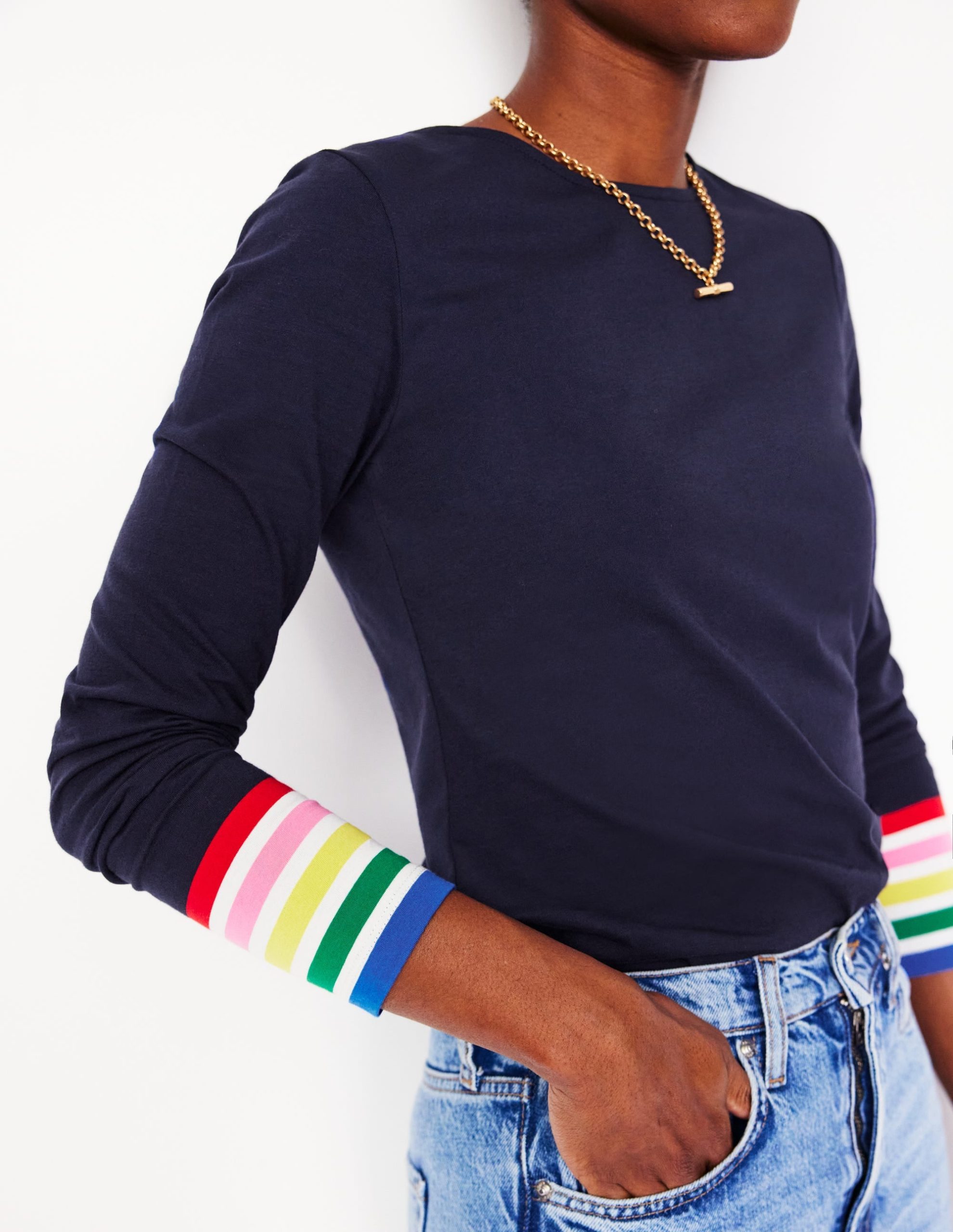 Stripe Cuff Top-Navy Rainbow Stripe Cuff - Image 2
