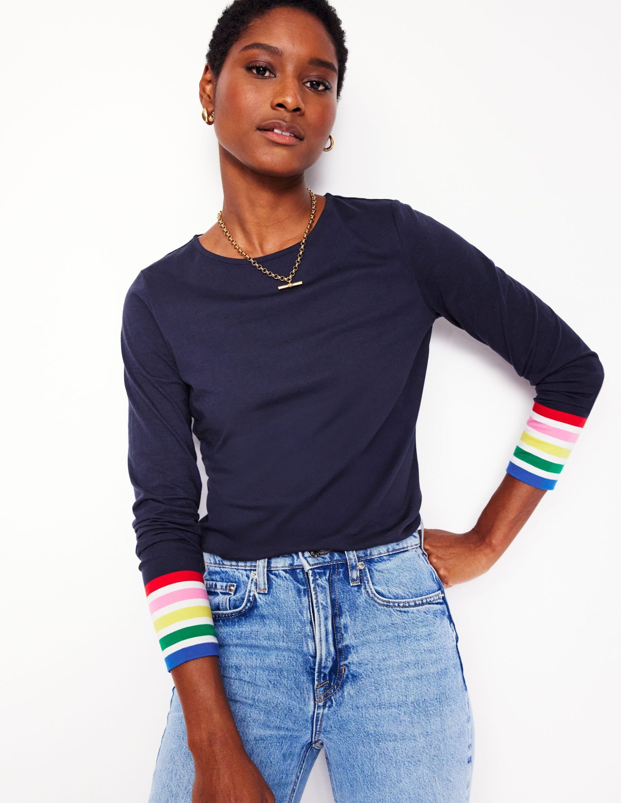 Stripe Cuff Top-Navy Rainbow Stripe Cuff - Image 4