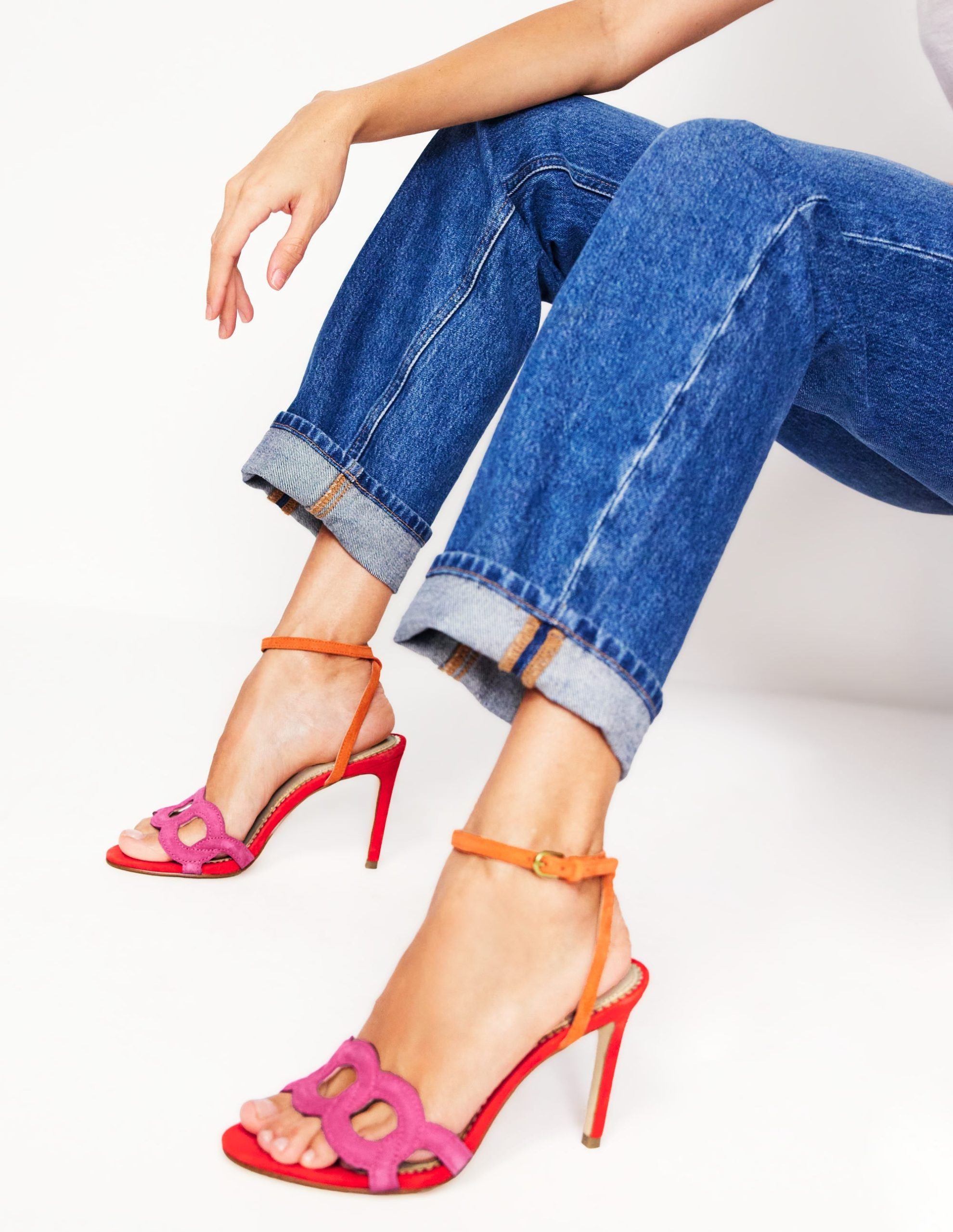 Circle Detail Heeled Sandal-Post Box Red/Sorbet Pink - Image 3