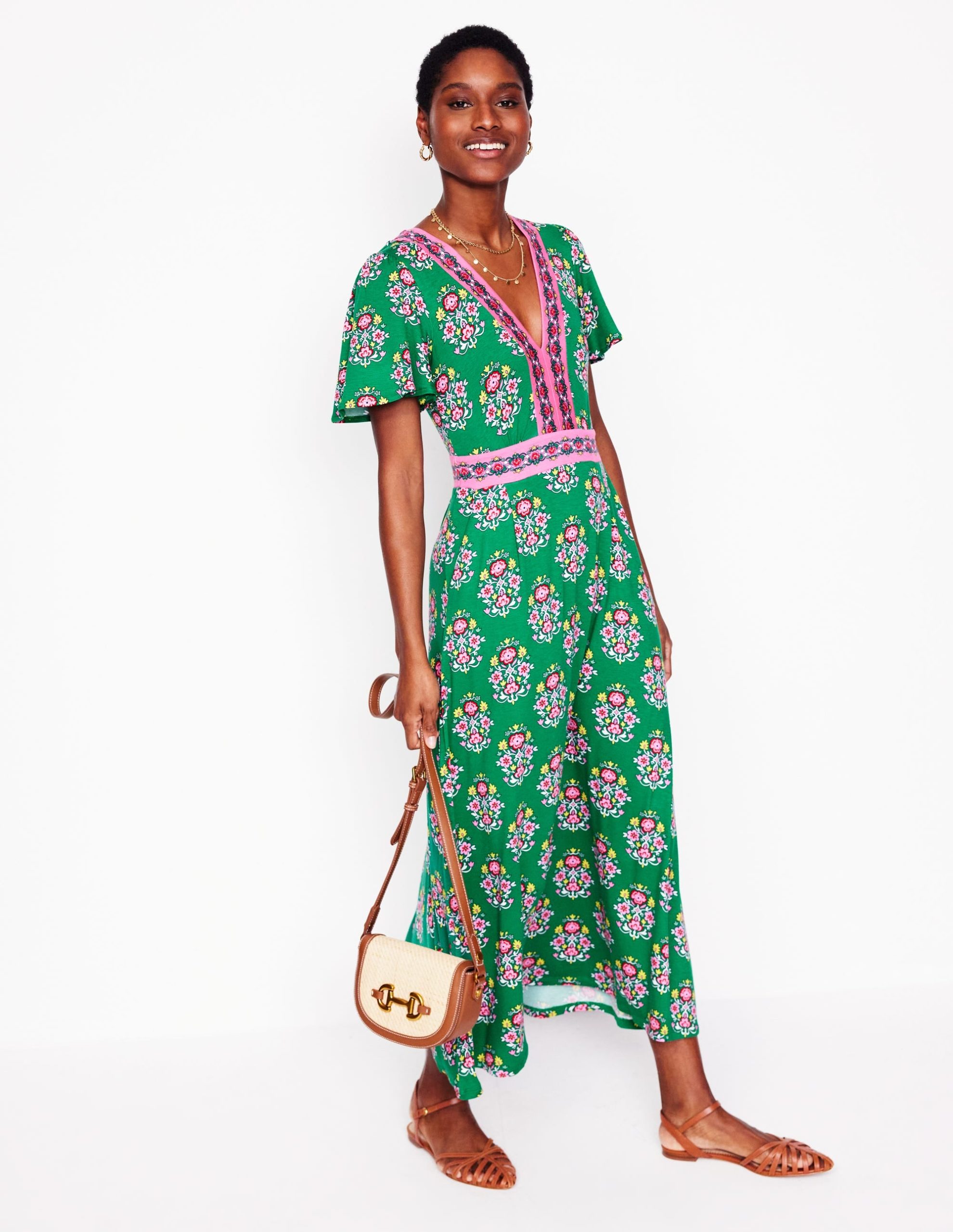 Ellie Flutter Maxi Tea Dress-Rich Emerald. Wildflower Stamp