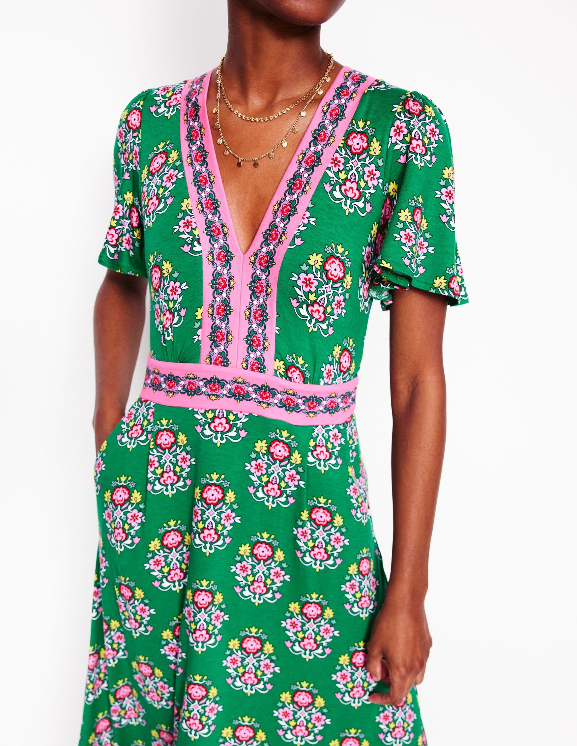 Ellie Flutter Maxi Tea Dress-Rich Emerald. Wildflower Stamp - Image 3