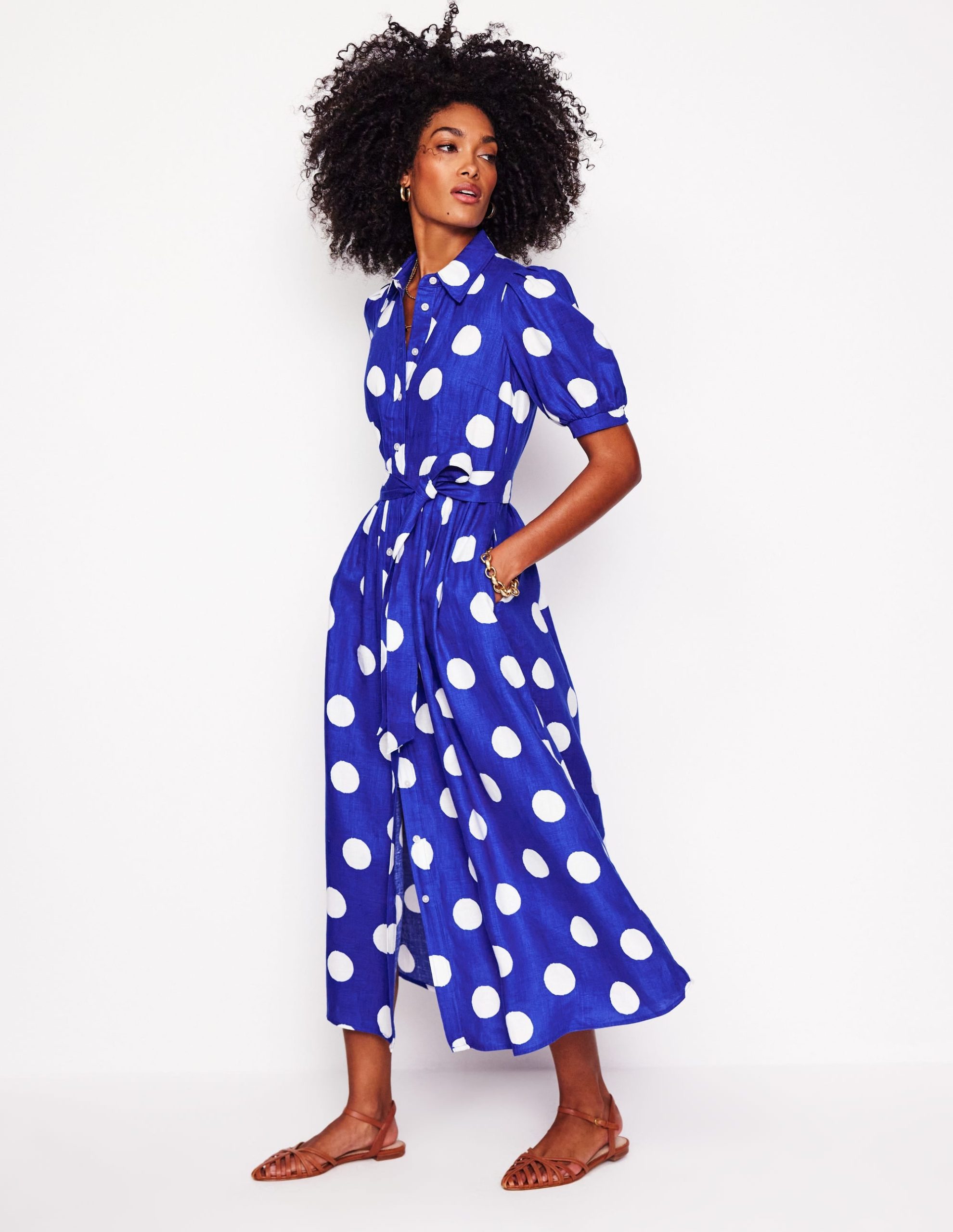 Alexa Linen Maxi Shirt Dress-Bright Blue. Abstract Dot