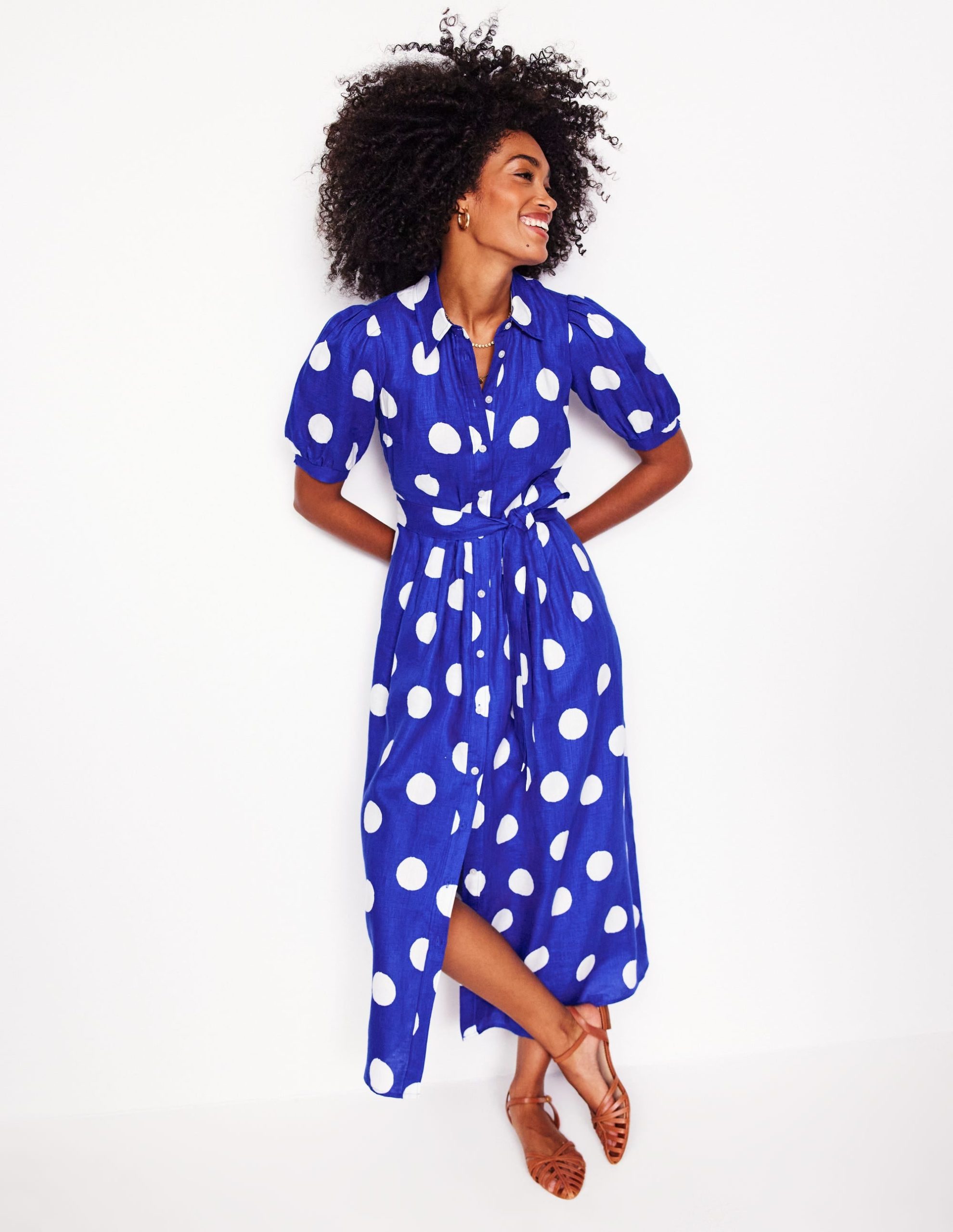 Alexa Linen Maxi Shirt Dress-Bright Blue. Abstract Dot - Image 4