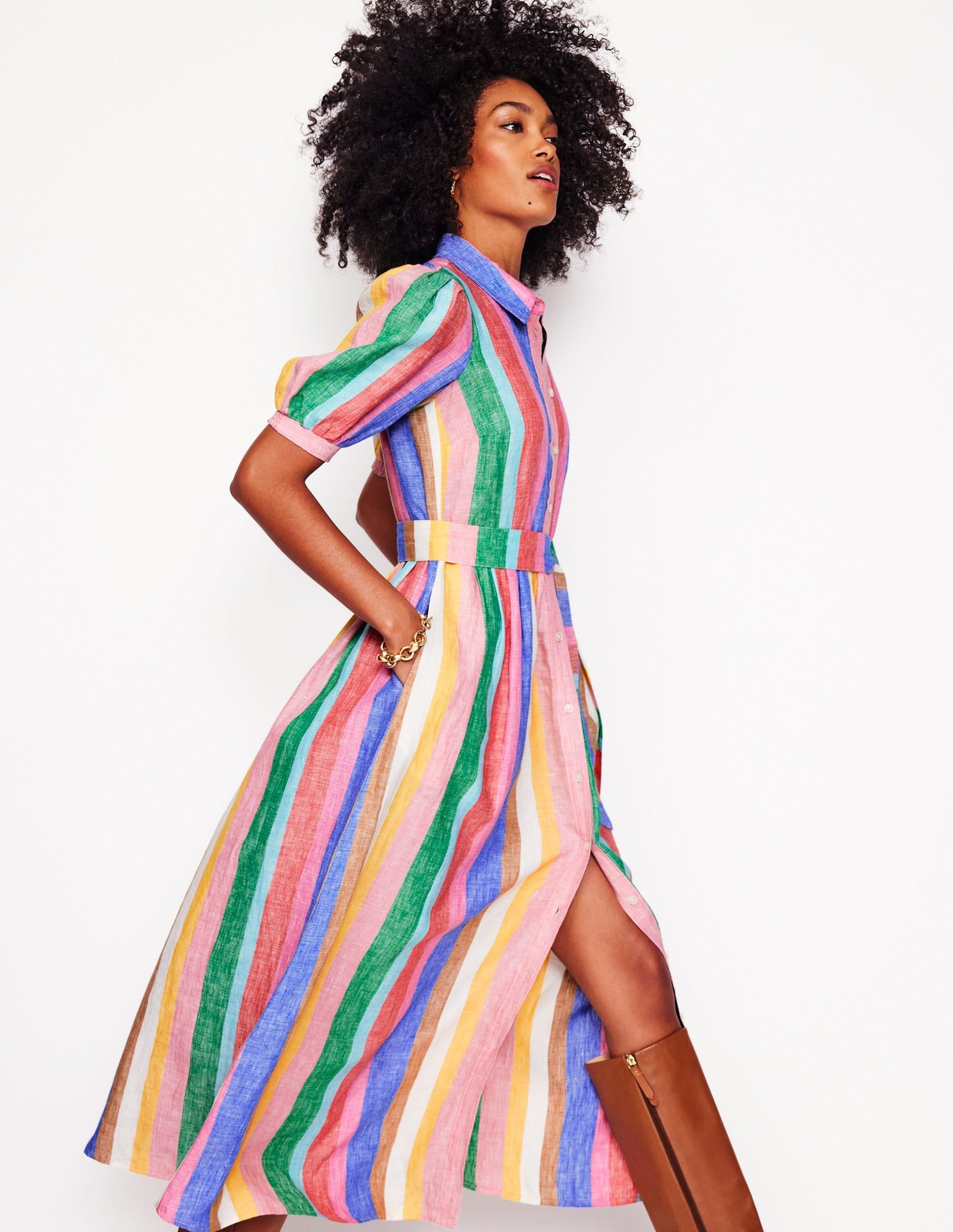 Alexa Linen Maxi Shirt Dress-Bright Rainbow Stripe