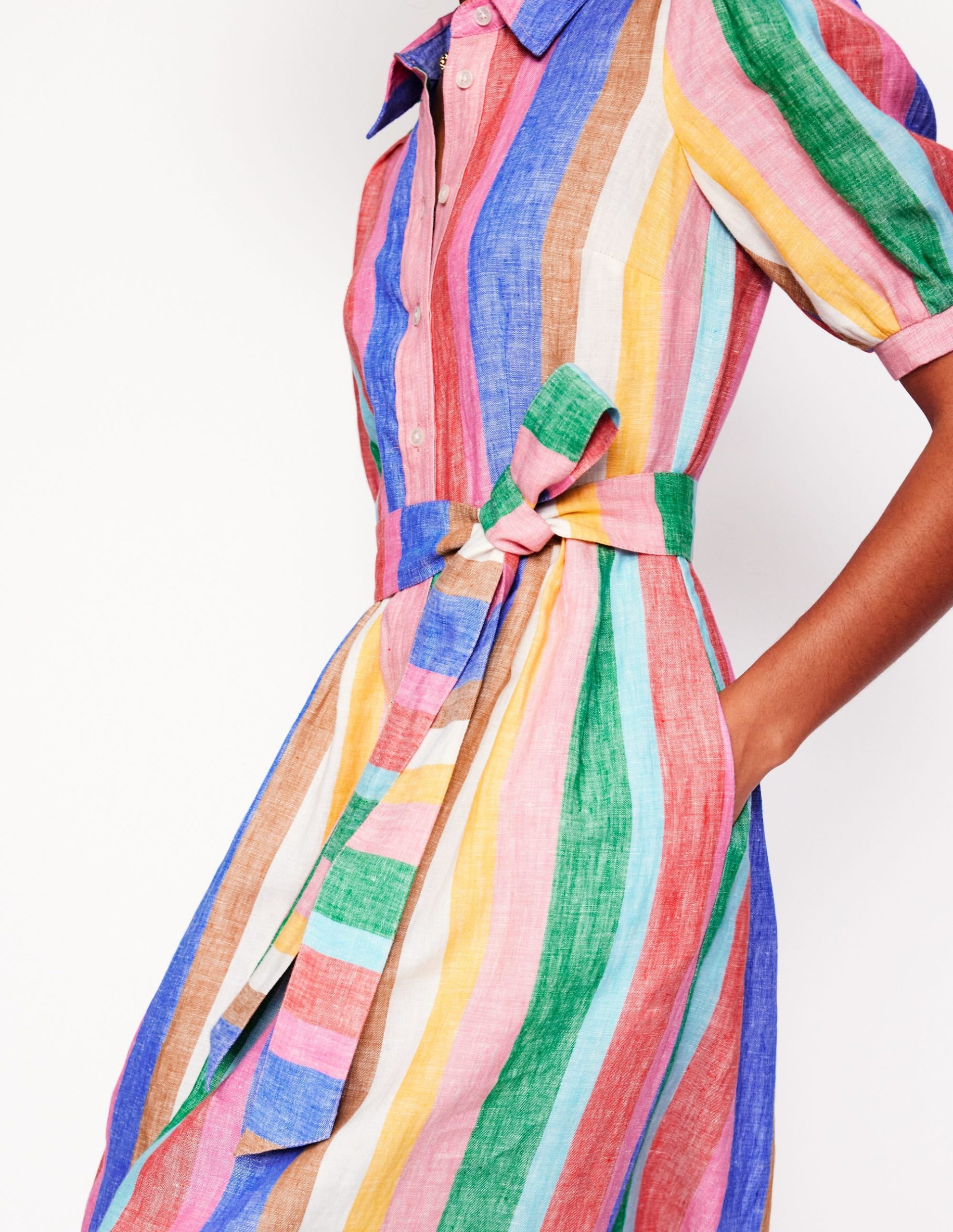 Alexa Linen Maxi Shirt Dress-Bright Rainbow Stripe - Image 2