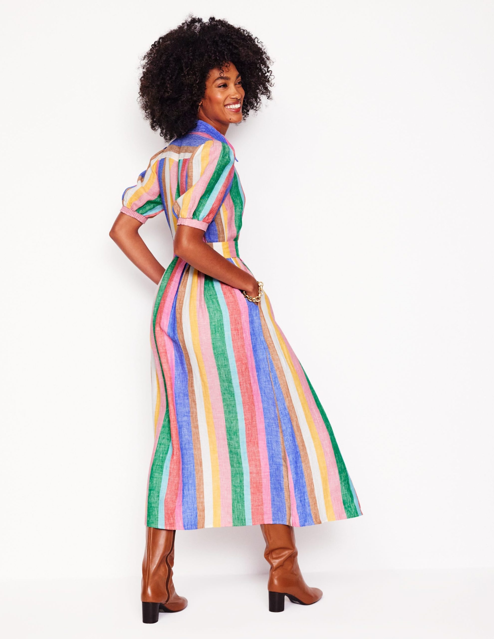Alexa Linen Maxi Shirt Dress-Bright Rainbow Stripe - Image 3