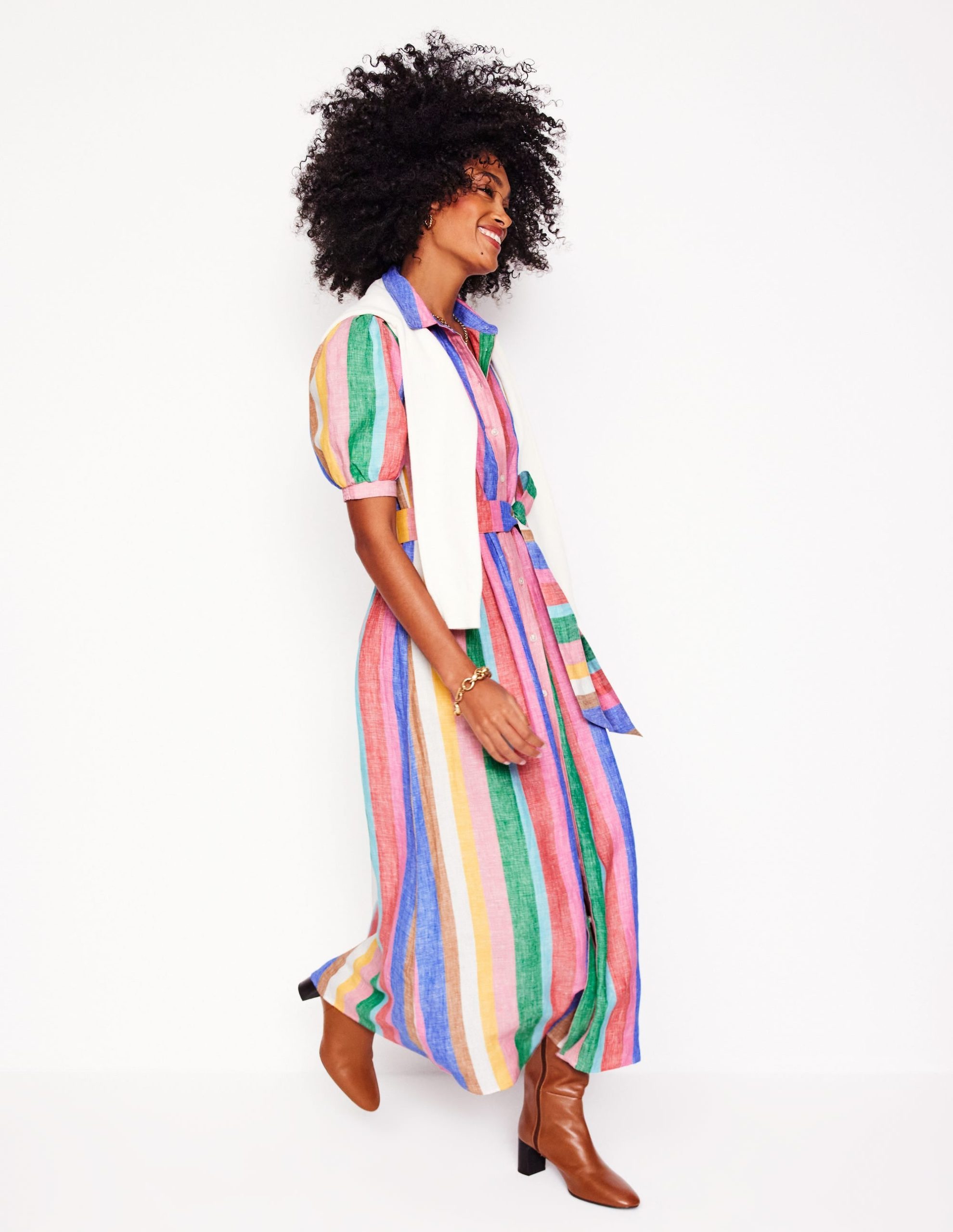 Alexa Linen Maxi Shirt Dress-Bright Rainbow Stripe - Image 4