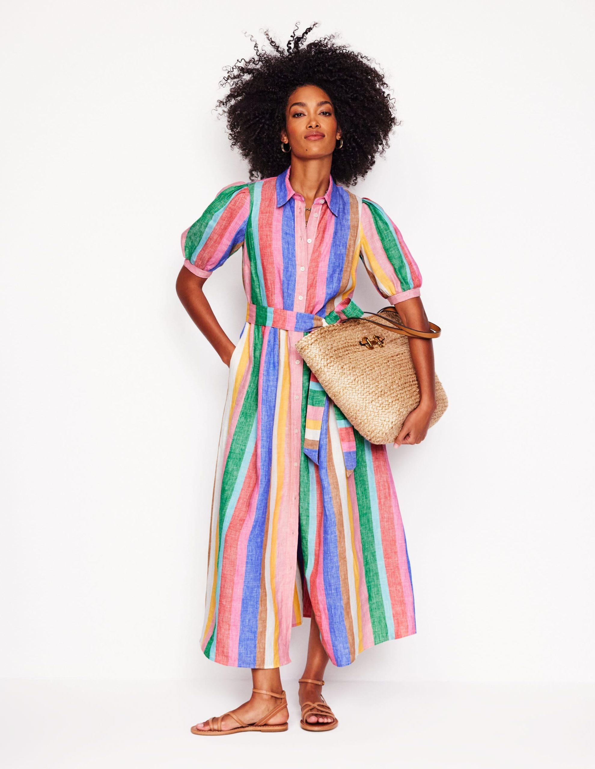 Alexa Linen Maxi Shirt Dress-Bright Rainbow Stripe - Image 6