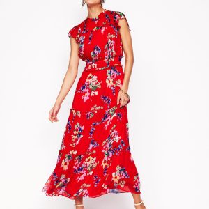 High Neck Sleeveless Dress-Rouge. Delicate Blooms