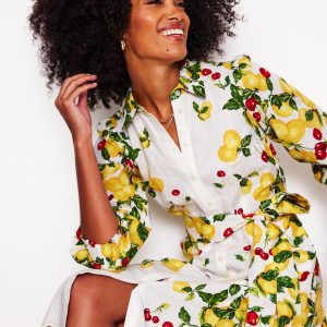 Clara Linen Blend Shirt Dress-Ivory. Cherries and Lemons