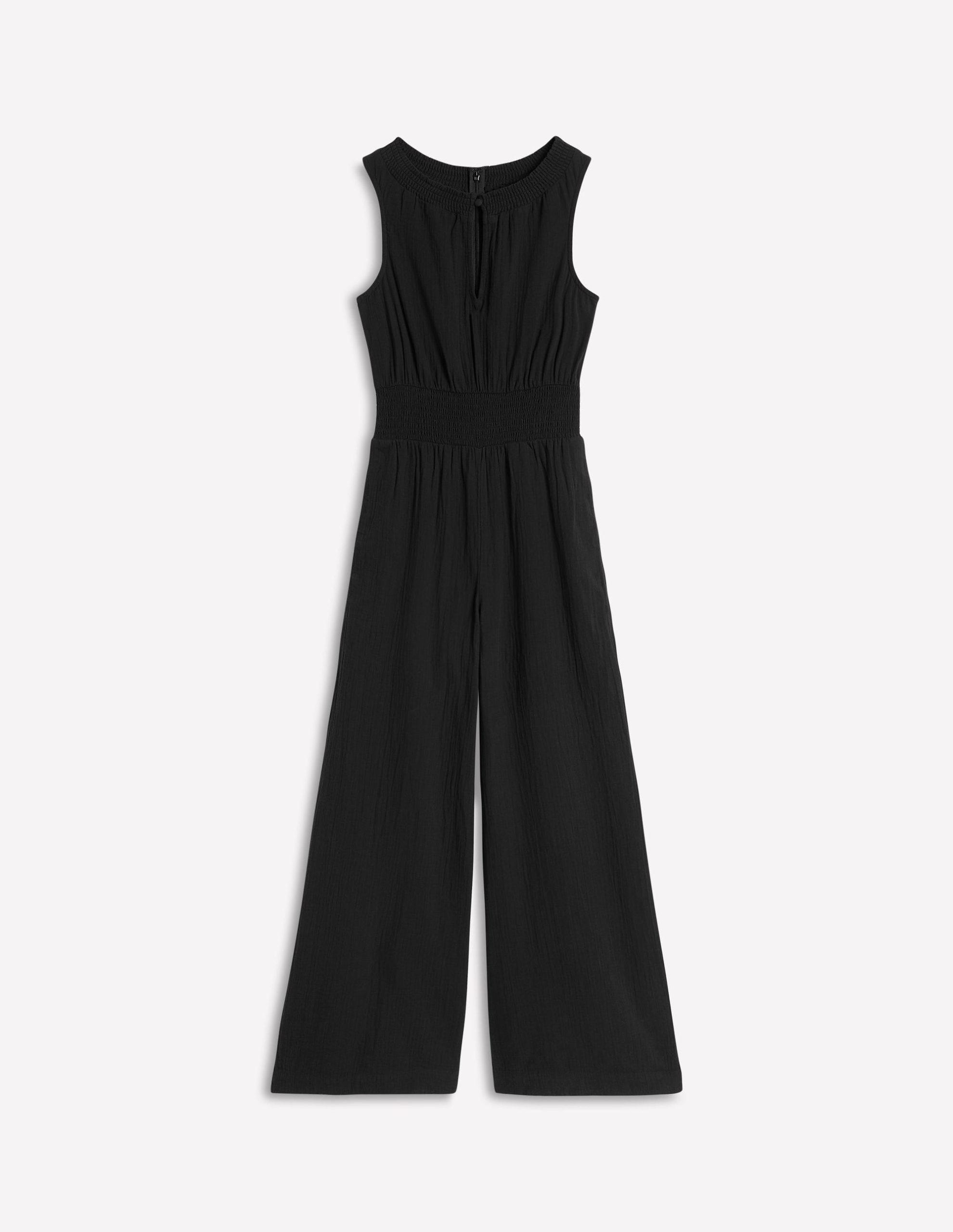 Smocked Double Cloth Jumpsuit-Black - Image 5