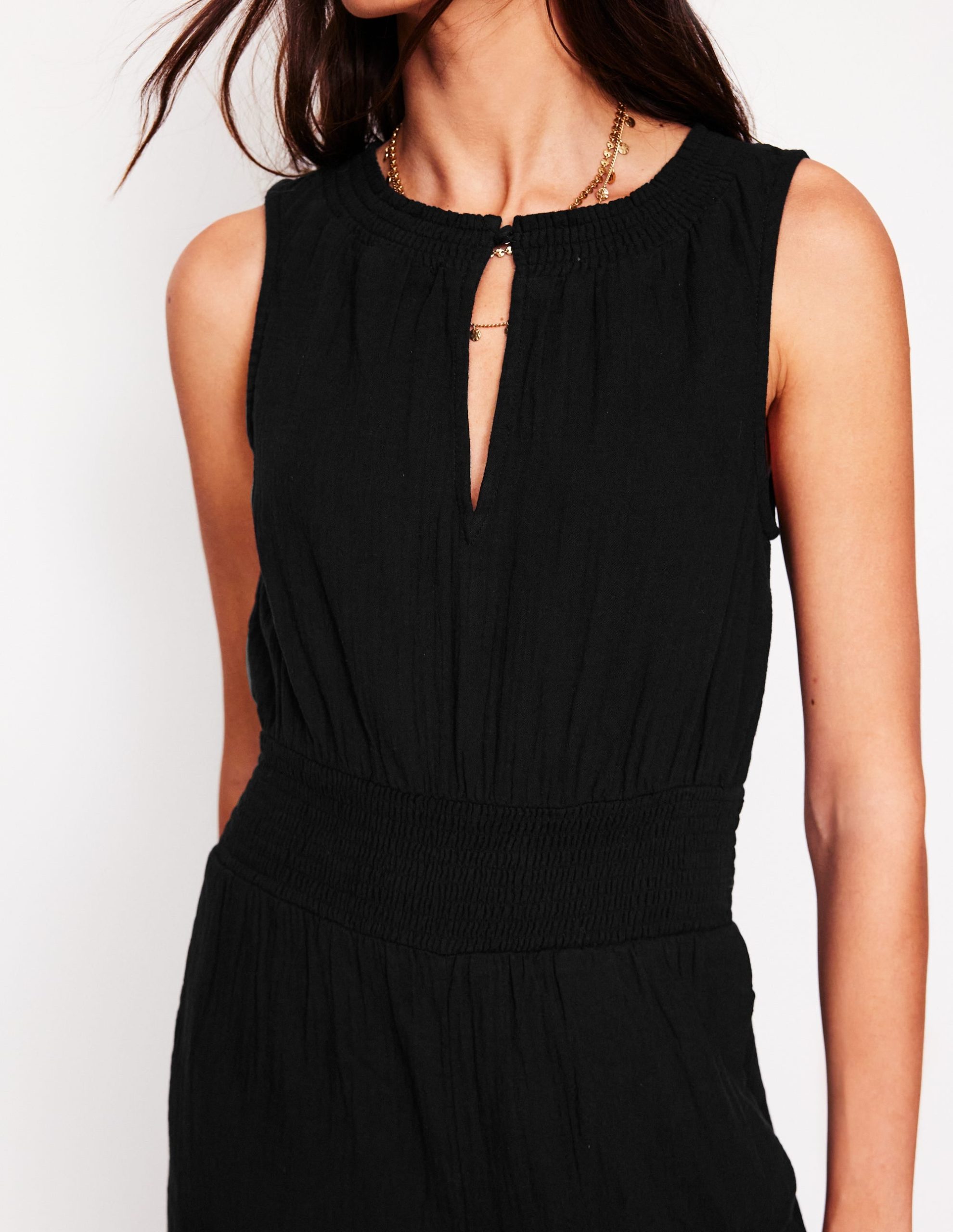 Smocked Double Cloth Jumpsuit-Black - Image 2