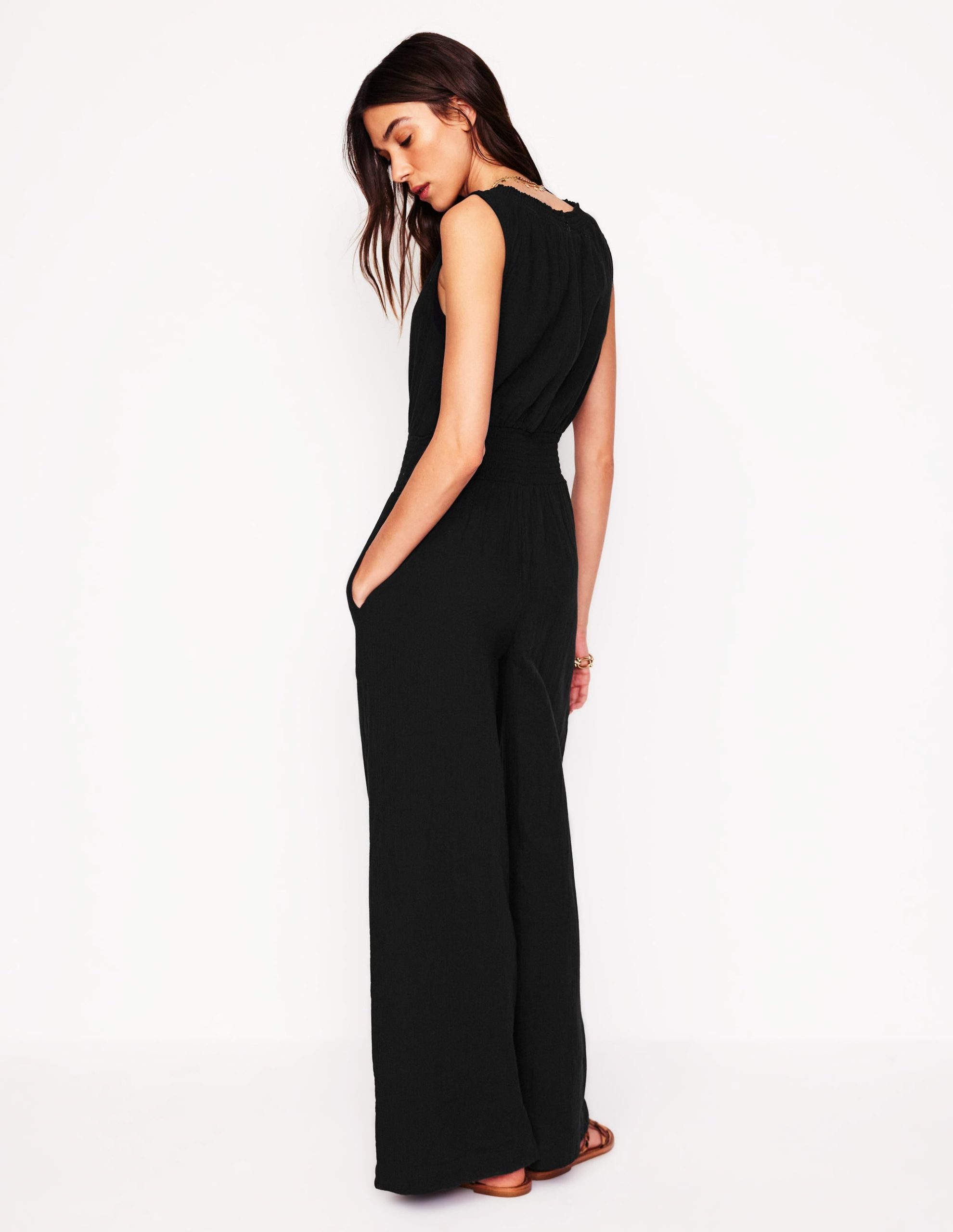 Smocked Double Cloth Jumpsuit-Black - Image 3