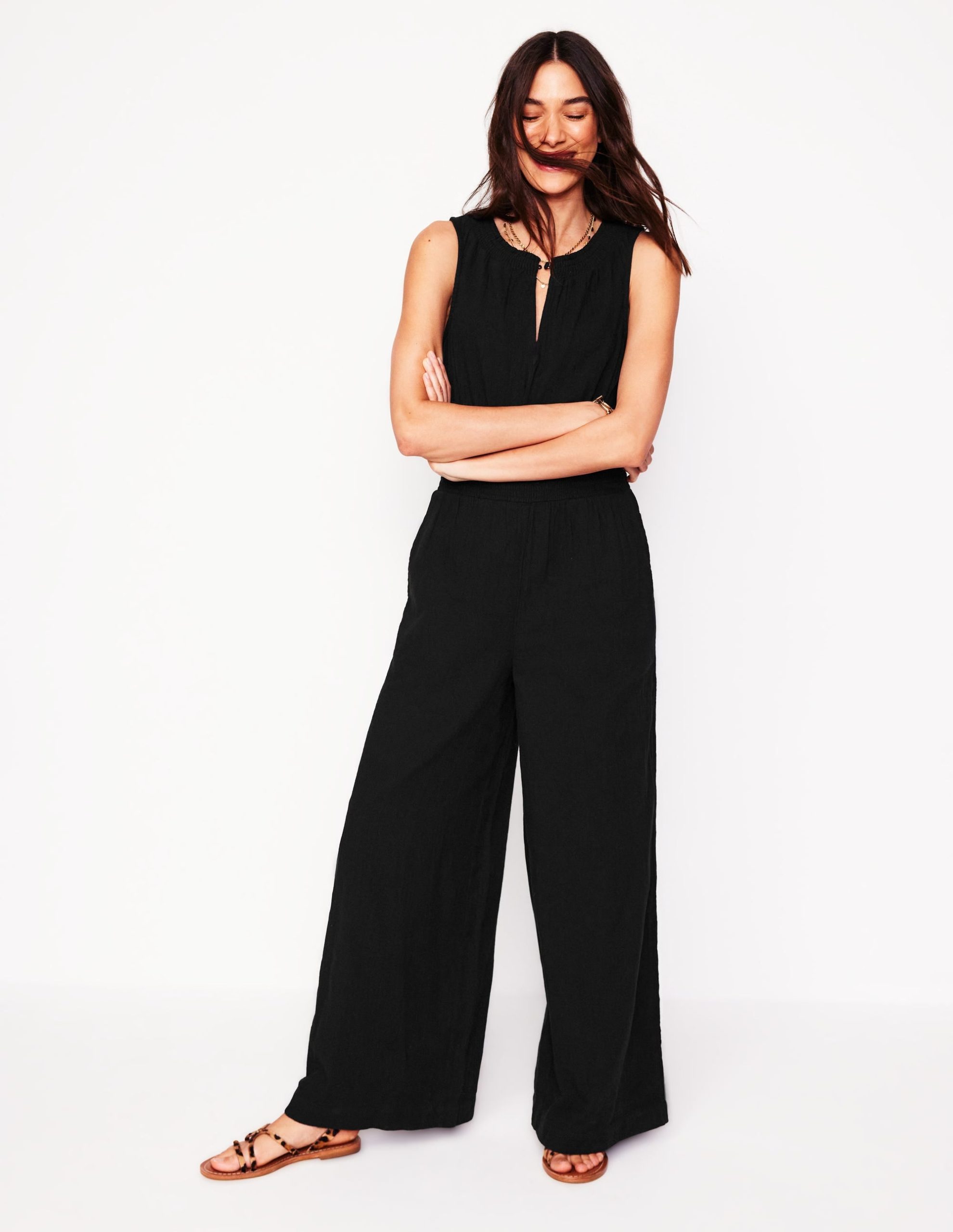 Smocked Double Cloth Jumpsuit-Black - Image 4