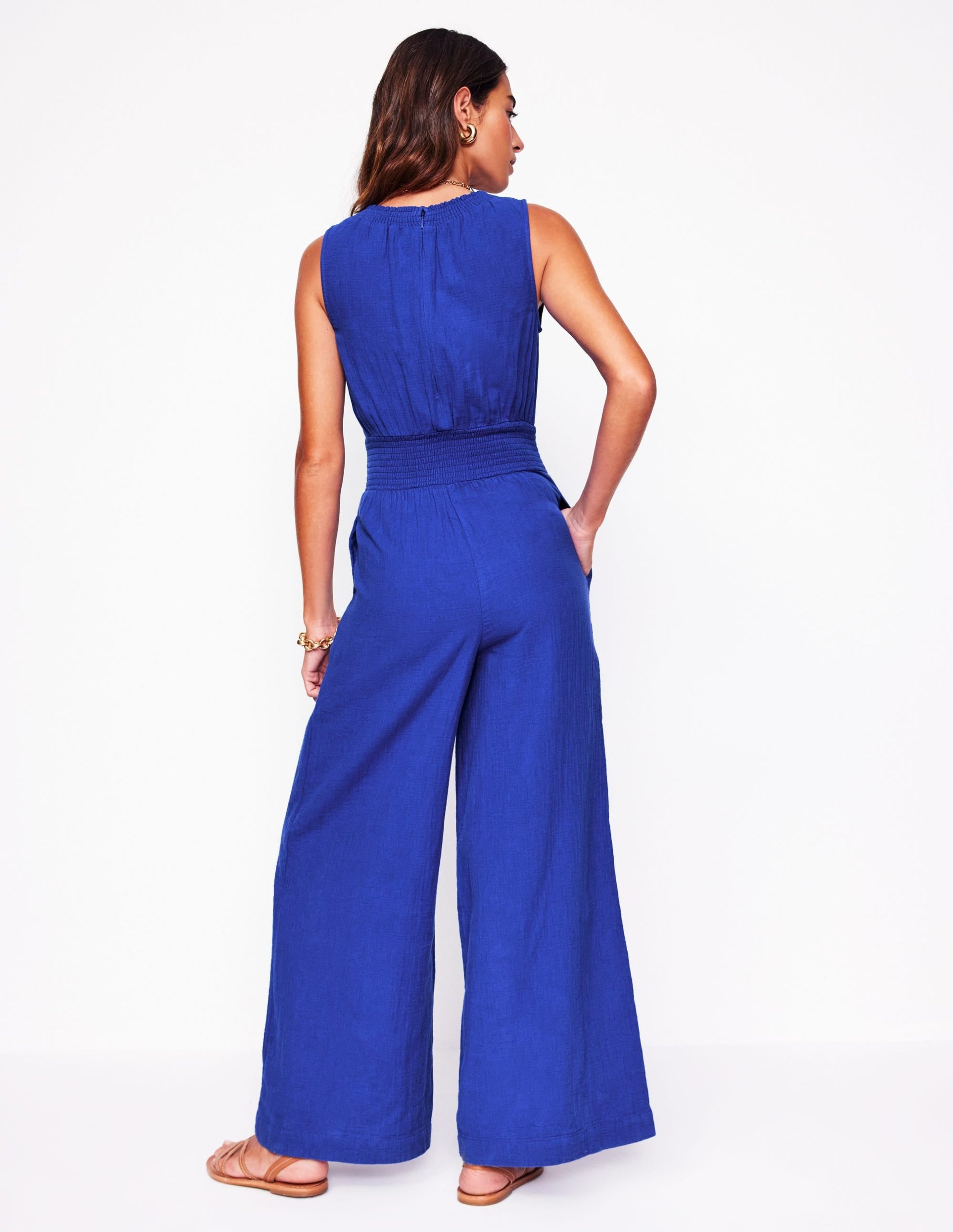 Smocked Double Cloth Jumpsuit-Bright Blue - Image 3