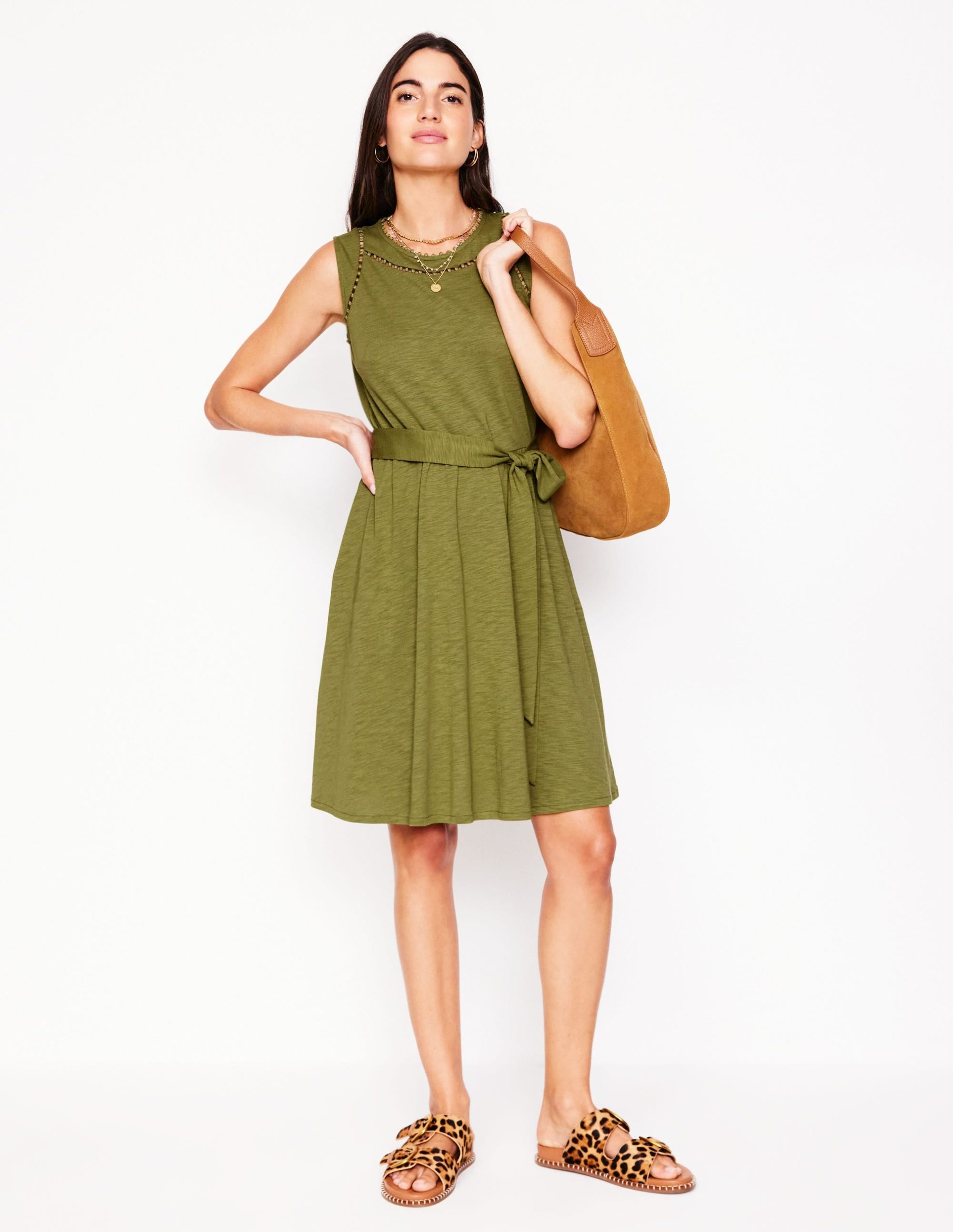 Mila Trim Short Jersey Dress-Deep Olive