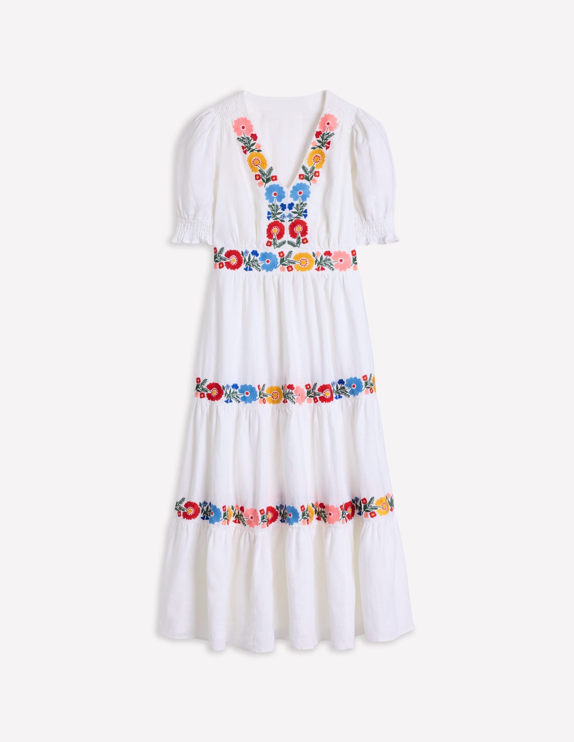 Anna Linen Tiered Midi Dress-White. Multi Embroidery - Image 8