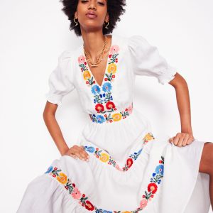 Anna Linen Tiered Midi Dress-White. Multi Embroidery