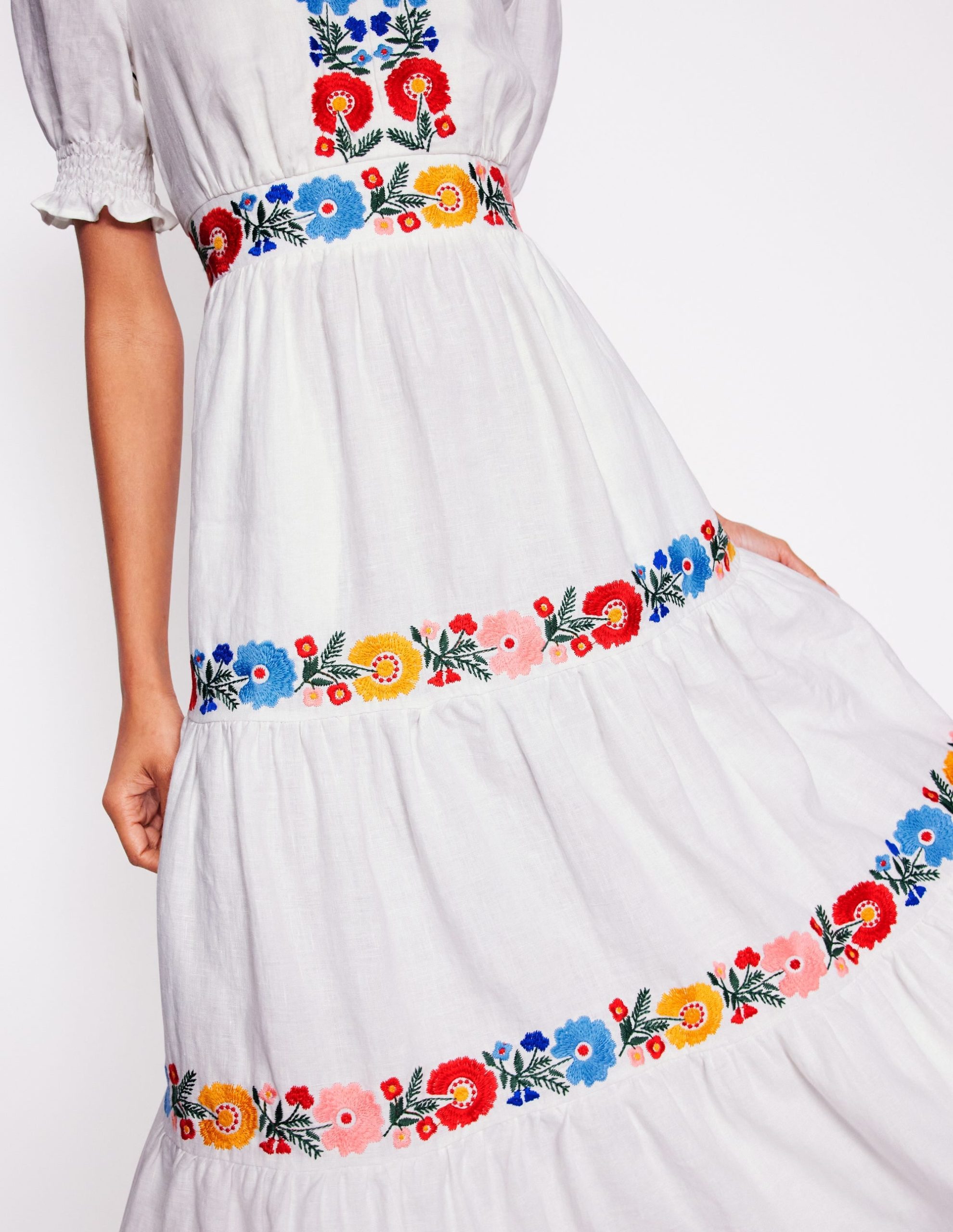 Anna Linen Tiered Midi Dress-White. Multi Embroidery - Image 4