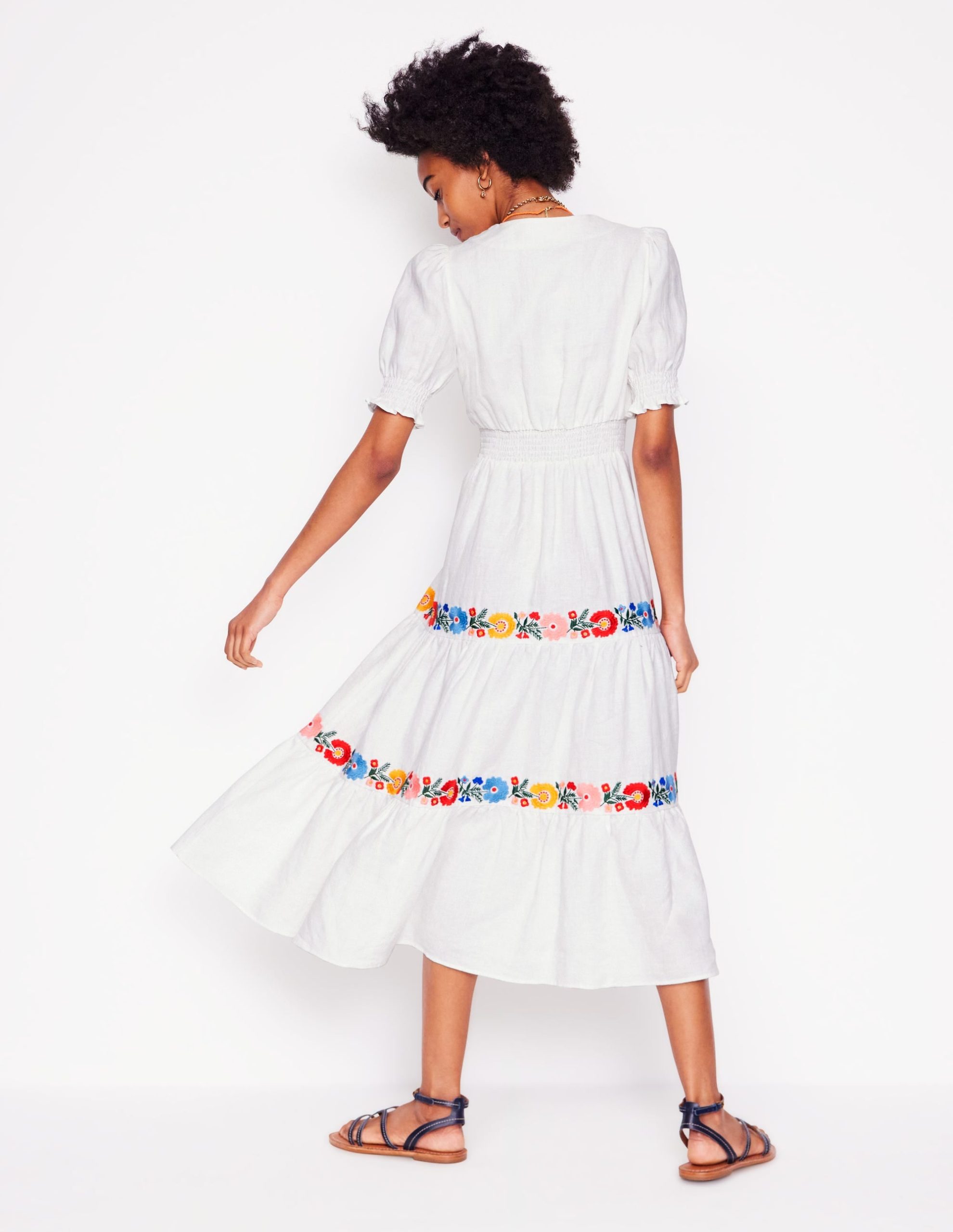 Anna Linen Tiered Midi Dress-White. Multi Embroidery - Image 5