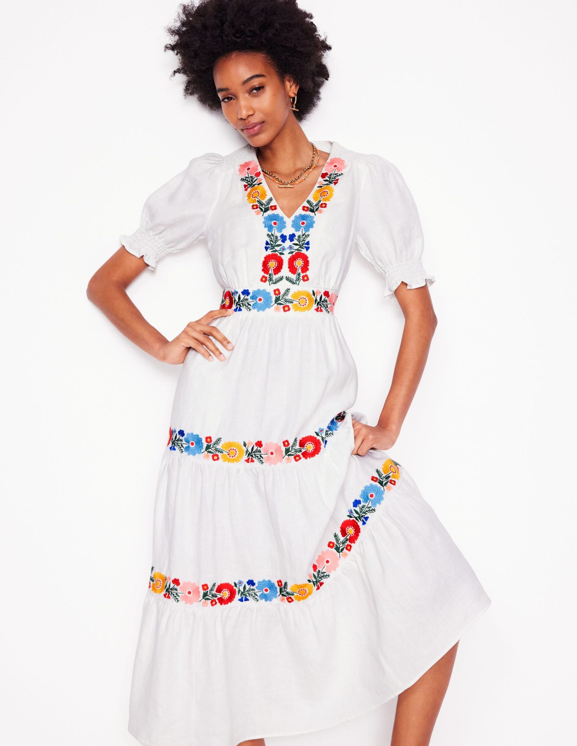 Anna Linen Tiered Midi Dress-White. Multi Embroidery - Image 6