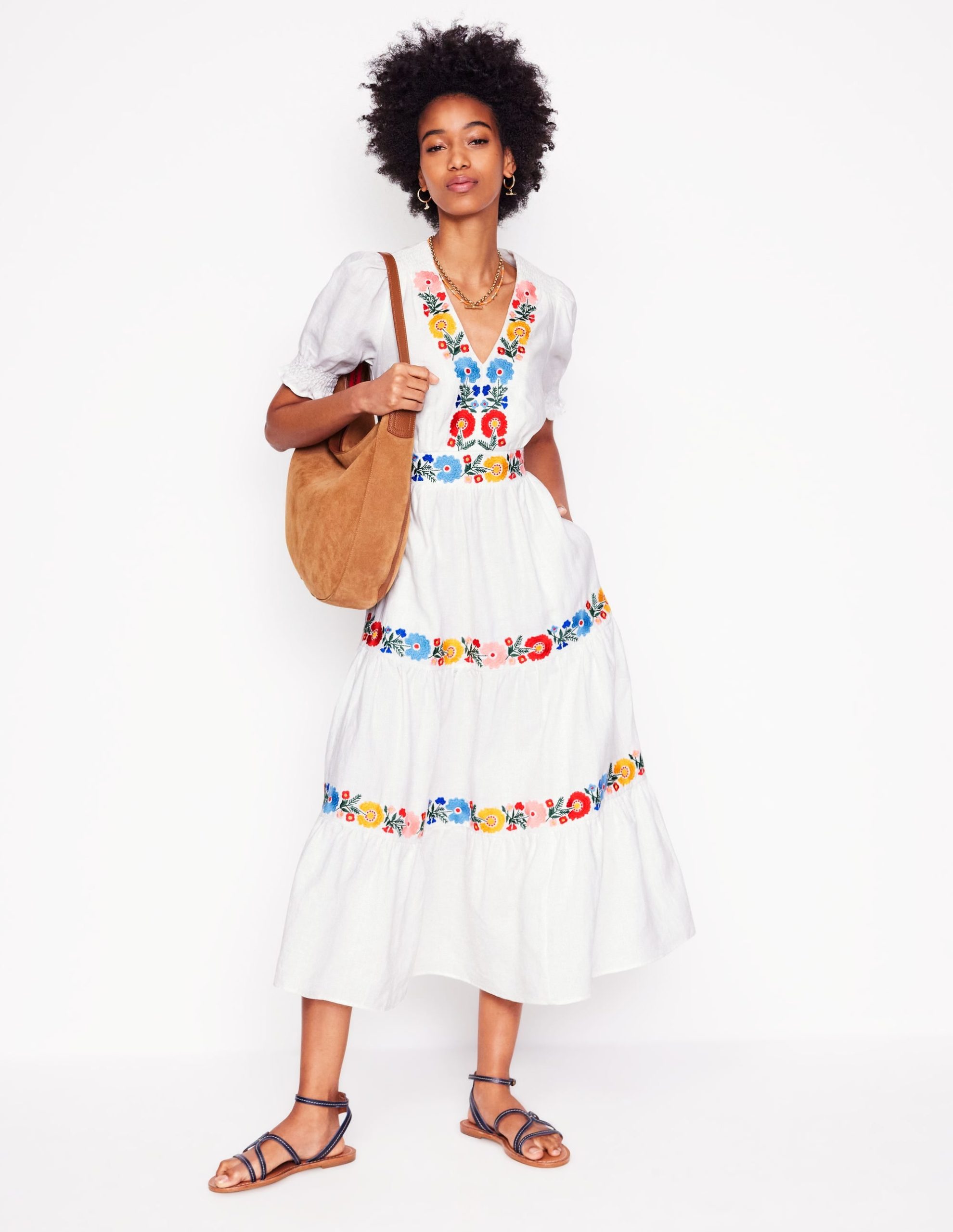 Anna Linen Tiered Midi Dress-White. Multi Embroidery - Image 7