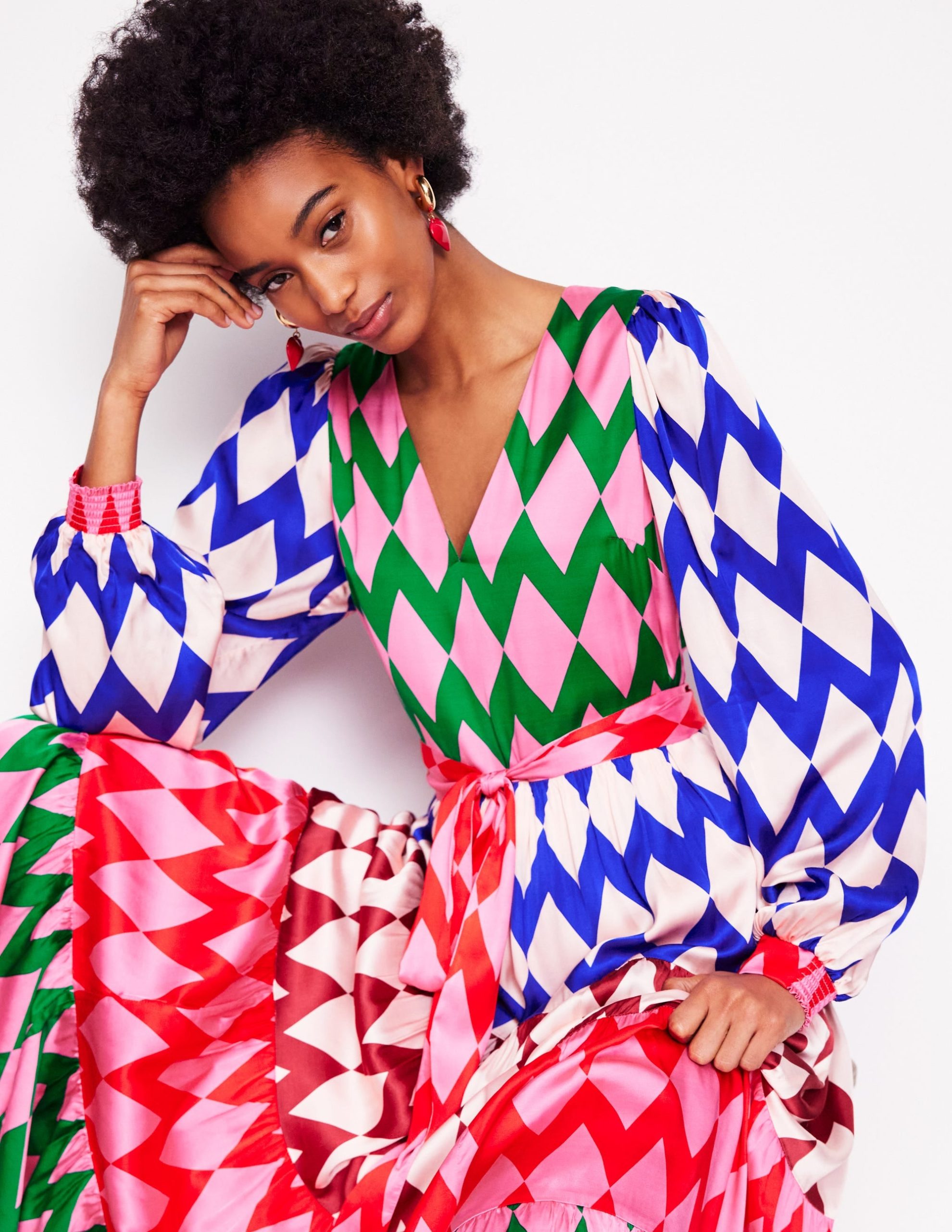 V-Neck Tiered Dress-Multi. Diamond Stripe