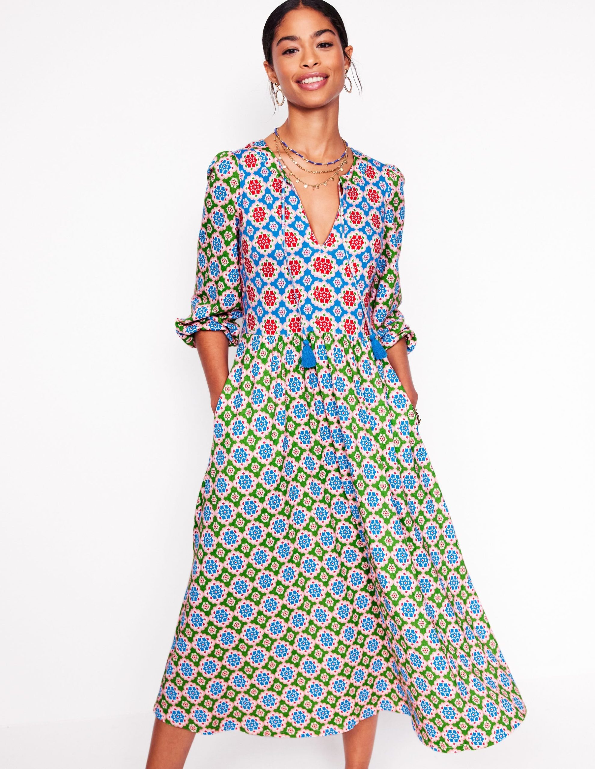 Notch Neck Midi Dress-Multi. Bloom Geo