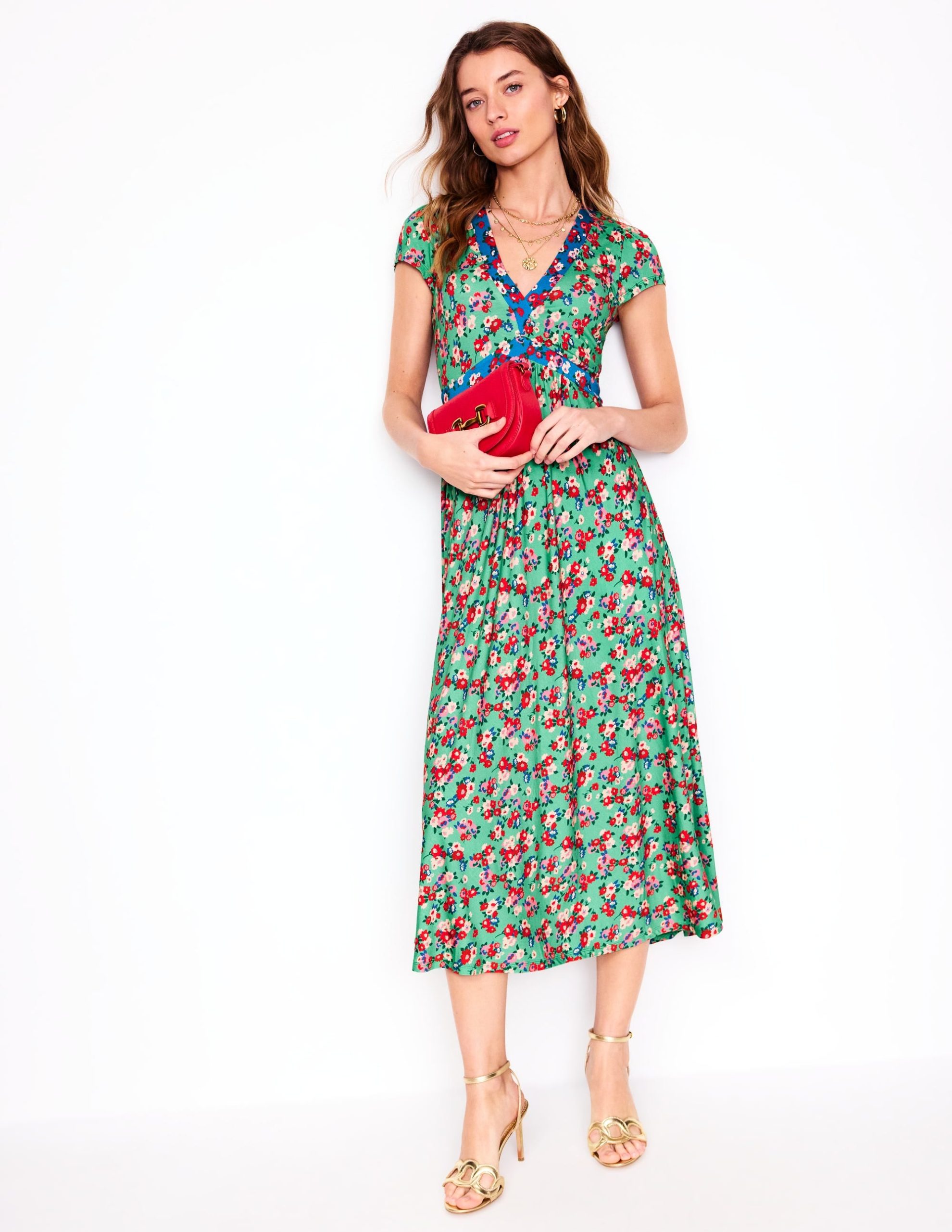 Bias Cut Jersey Midi Dress-Jade. Painterly Posy