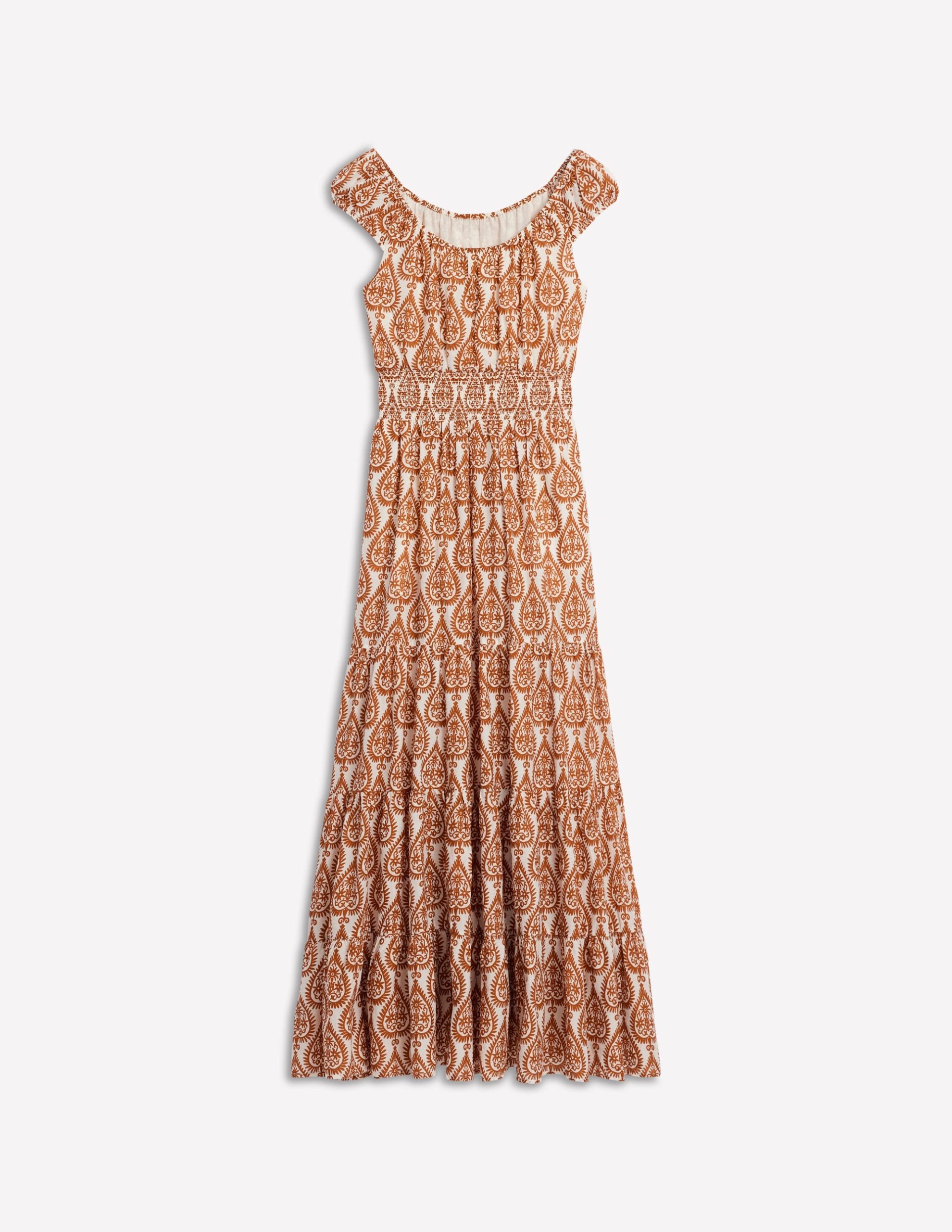 Scoop Cotton Tiered Dress-Cognac. Ornate Geo - Image 6