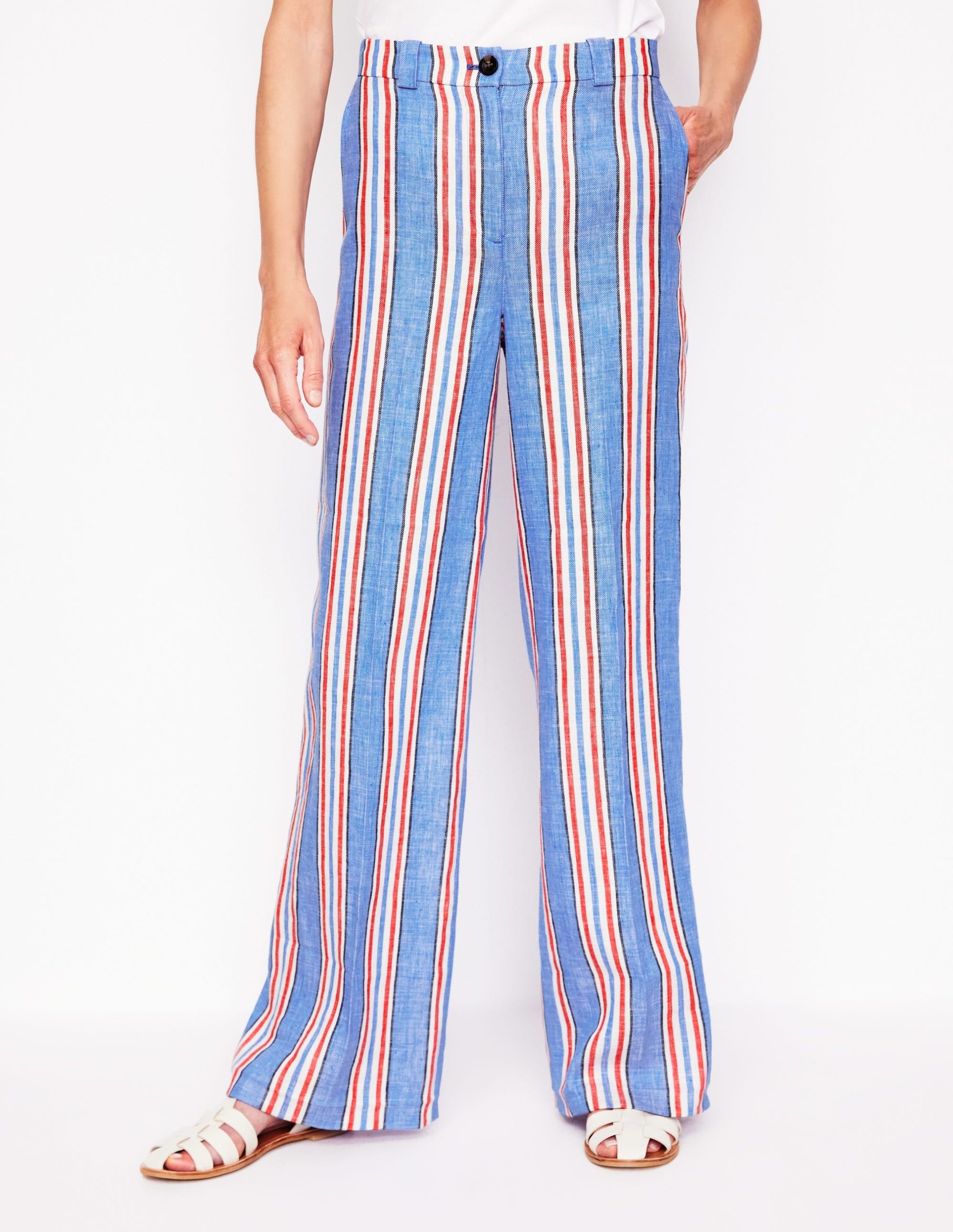 Westbourne Linen Pants-Peacock Blue. Red Stripe - Image 5