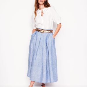 Verity Linen Midi Skirt-Grey Blue Chambray