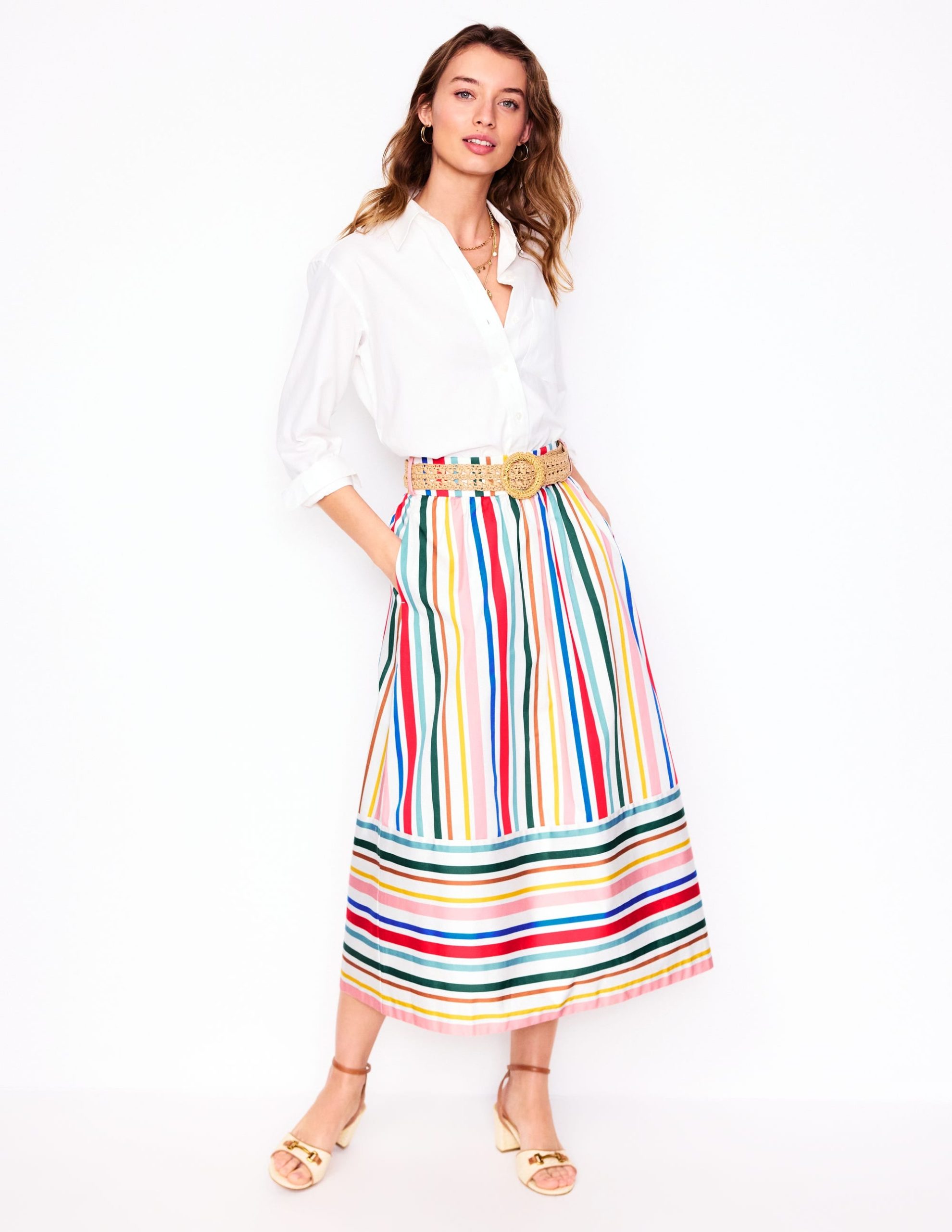 Tie Belt Sateen Midi Skirt-Ivory Varigated Rainbow Stripe