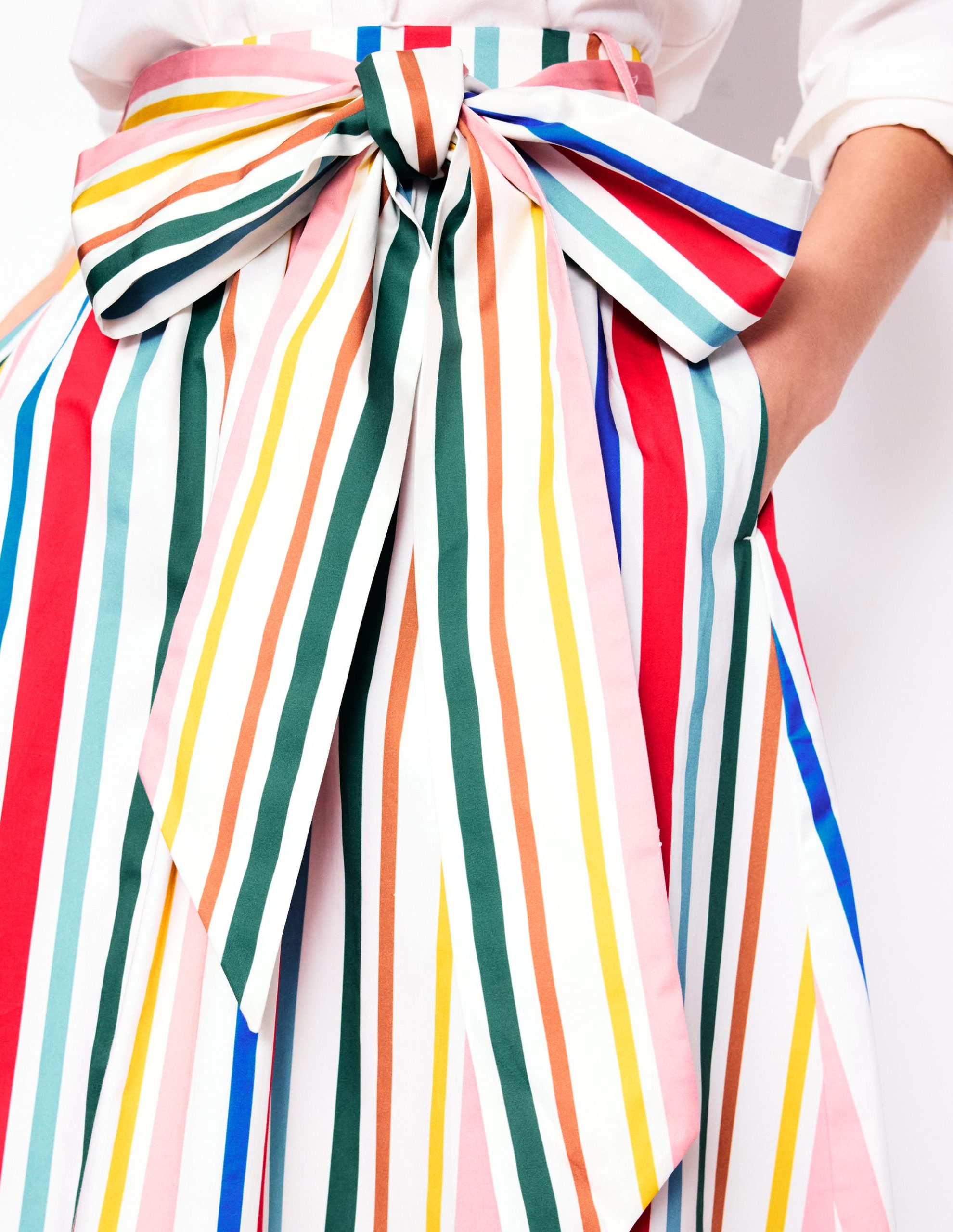 Tie Belt Sateen Midi Skirt-Ivory Varigated Rainbow Stripe - Image 2