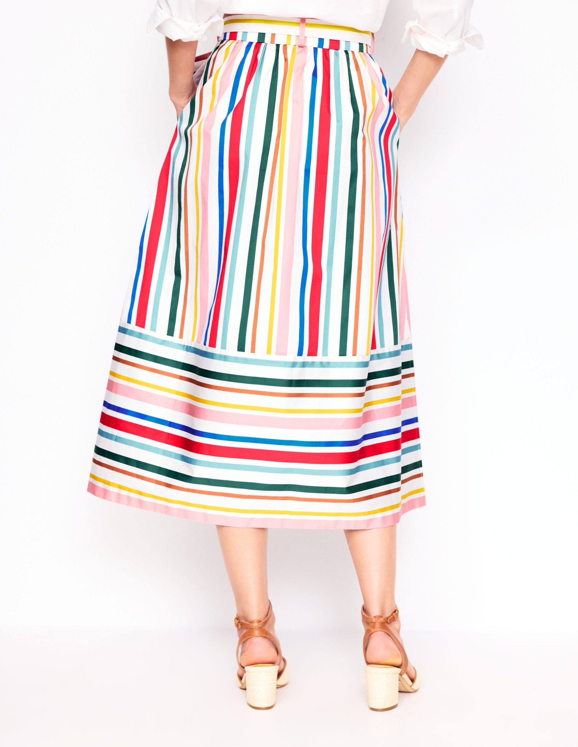 Tie Belt Sateen Midi Skirt-Ivory Varigated Rainbow Stripe - Image 3