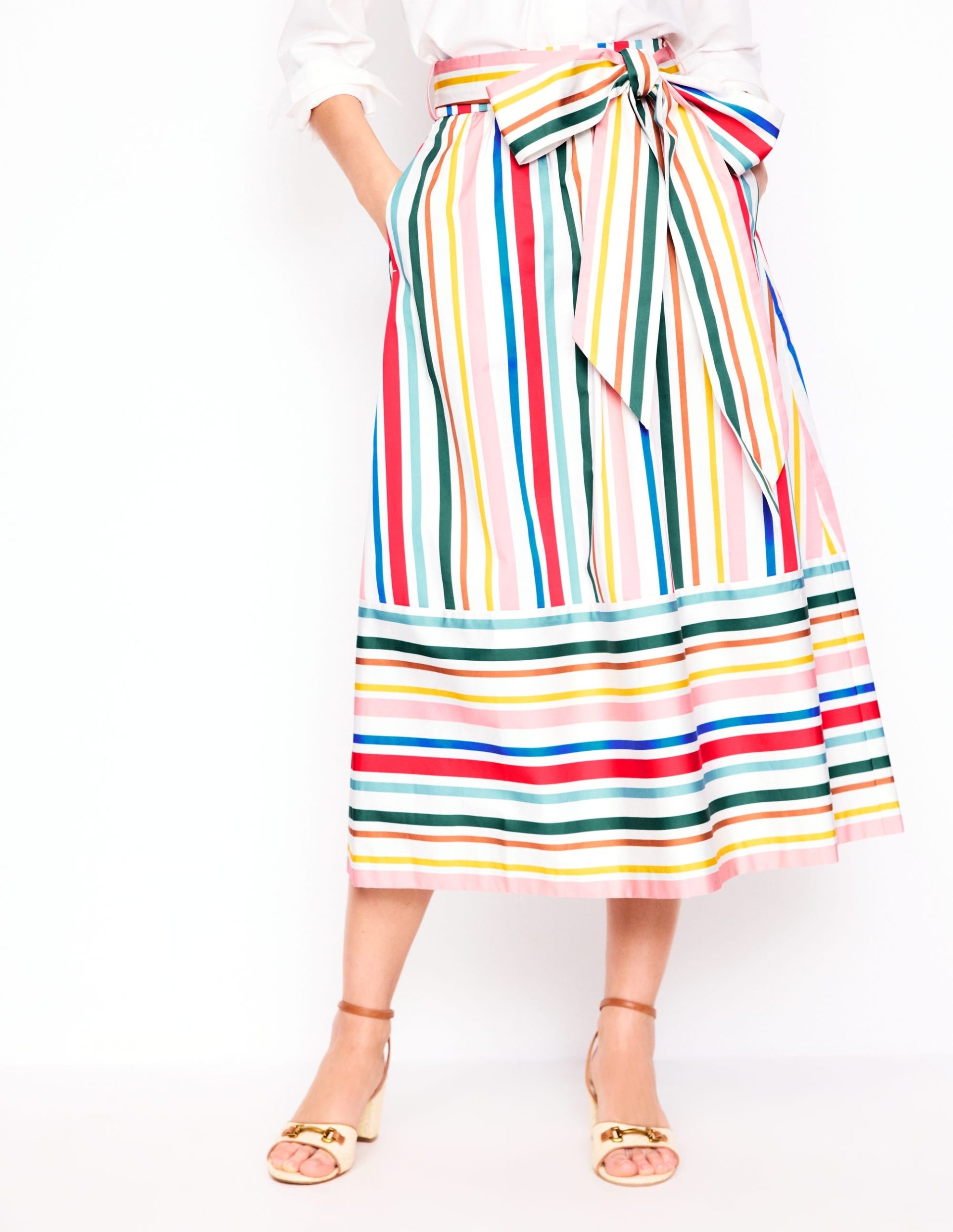 Tie Belt Sateen Midi Skirt-Ivory Varigated Rainbow Stripe - Image 4