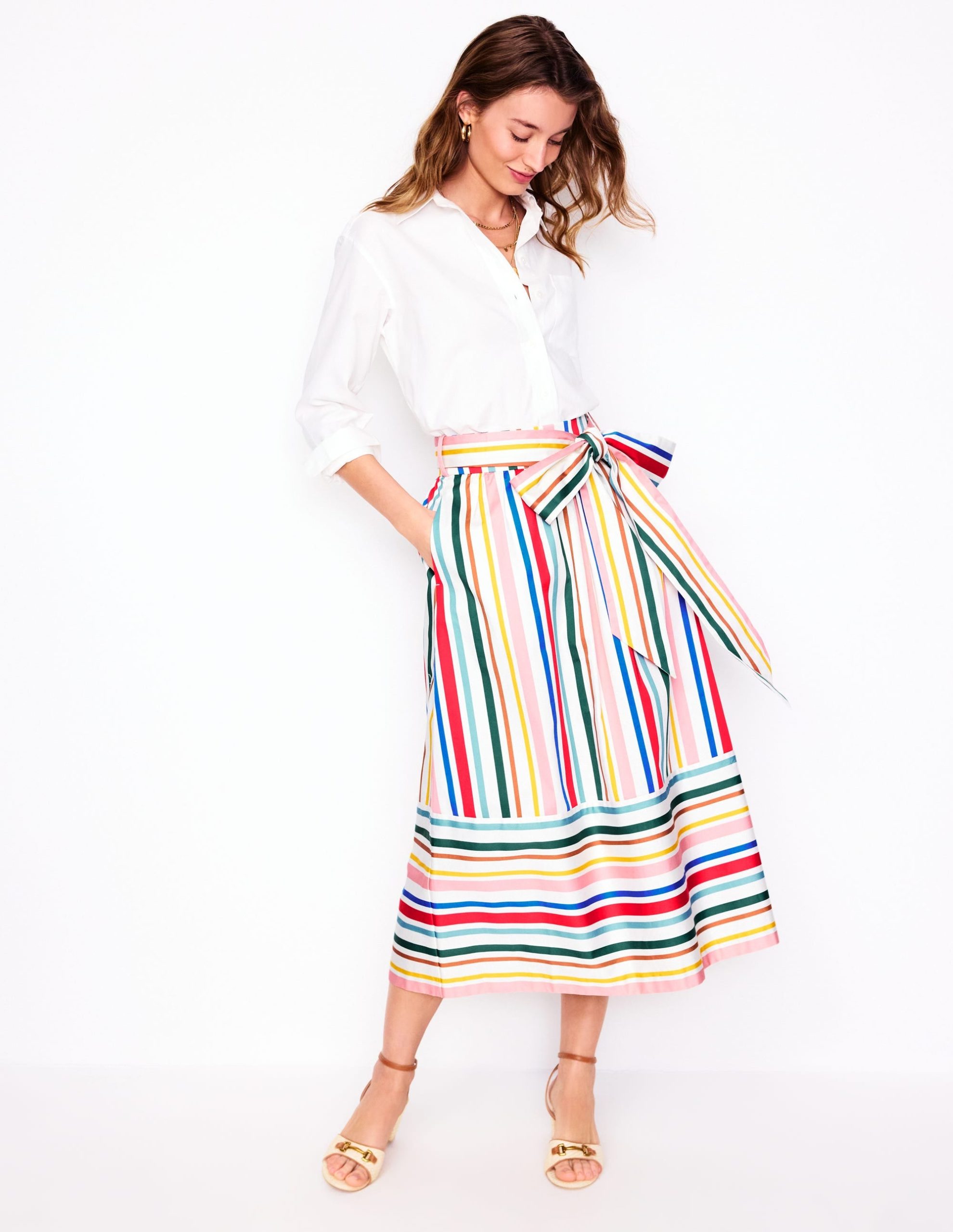 Tie Belt Sateen Midi Skirt-Ivory Varigated Rainbow Stripe - Image 5