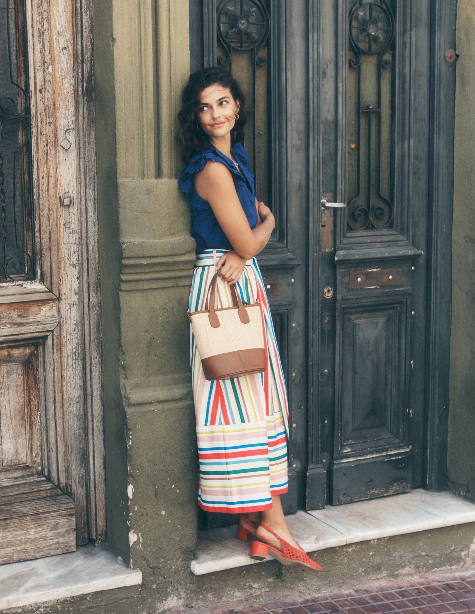 Tie Belt Sateen Midi Skirt-Ivory Varigated Rainbow Stripe - Image 6