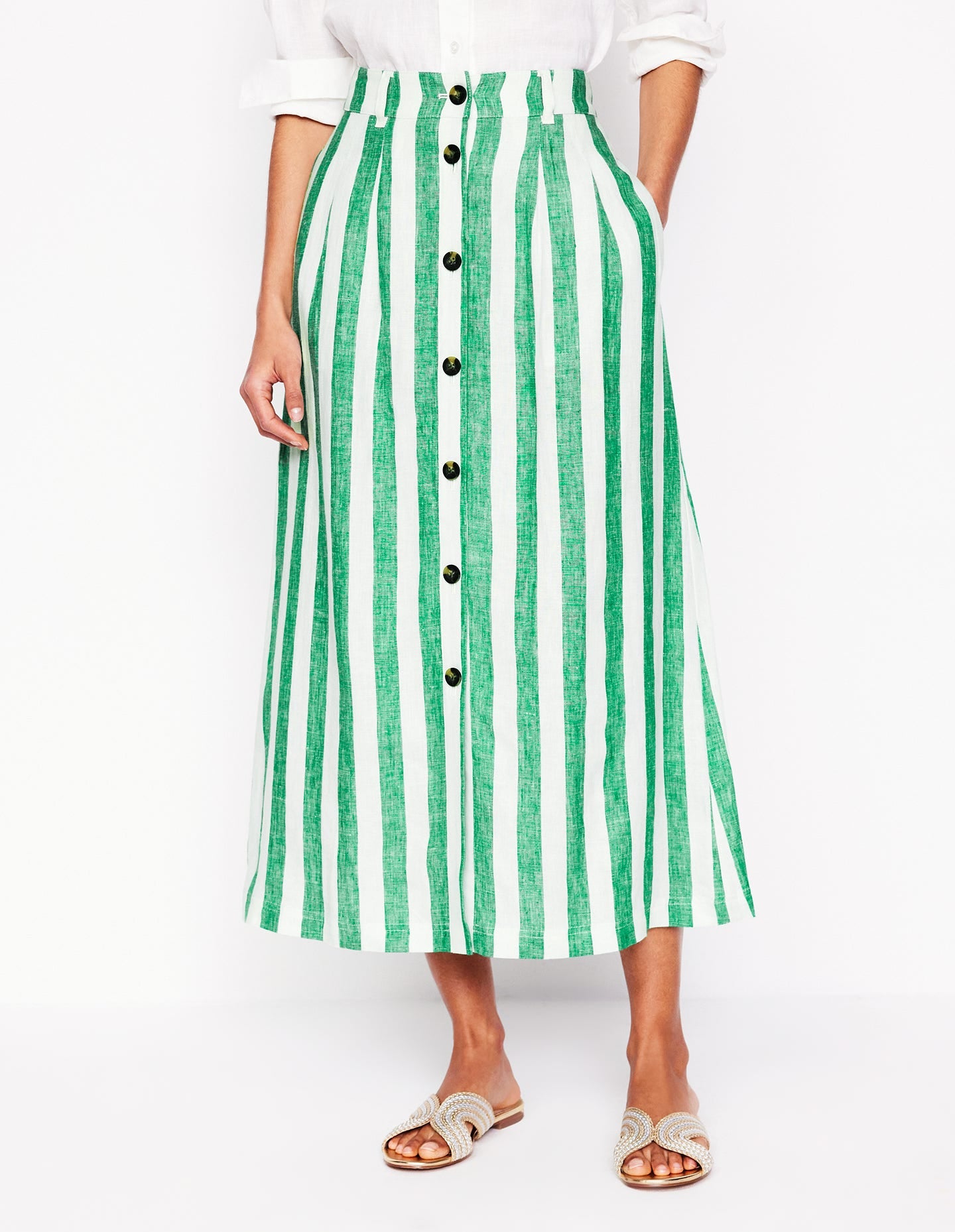 Thomasina Linen Midi Skirt-Rich Emerald Stripe - Image 4