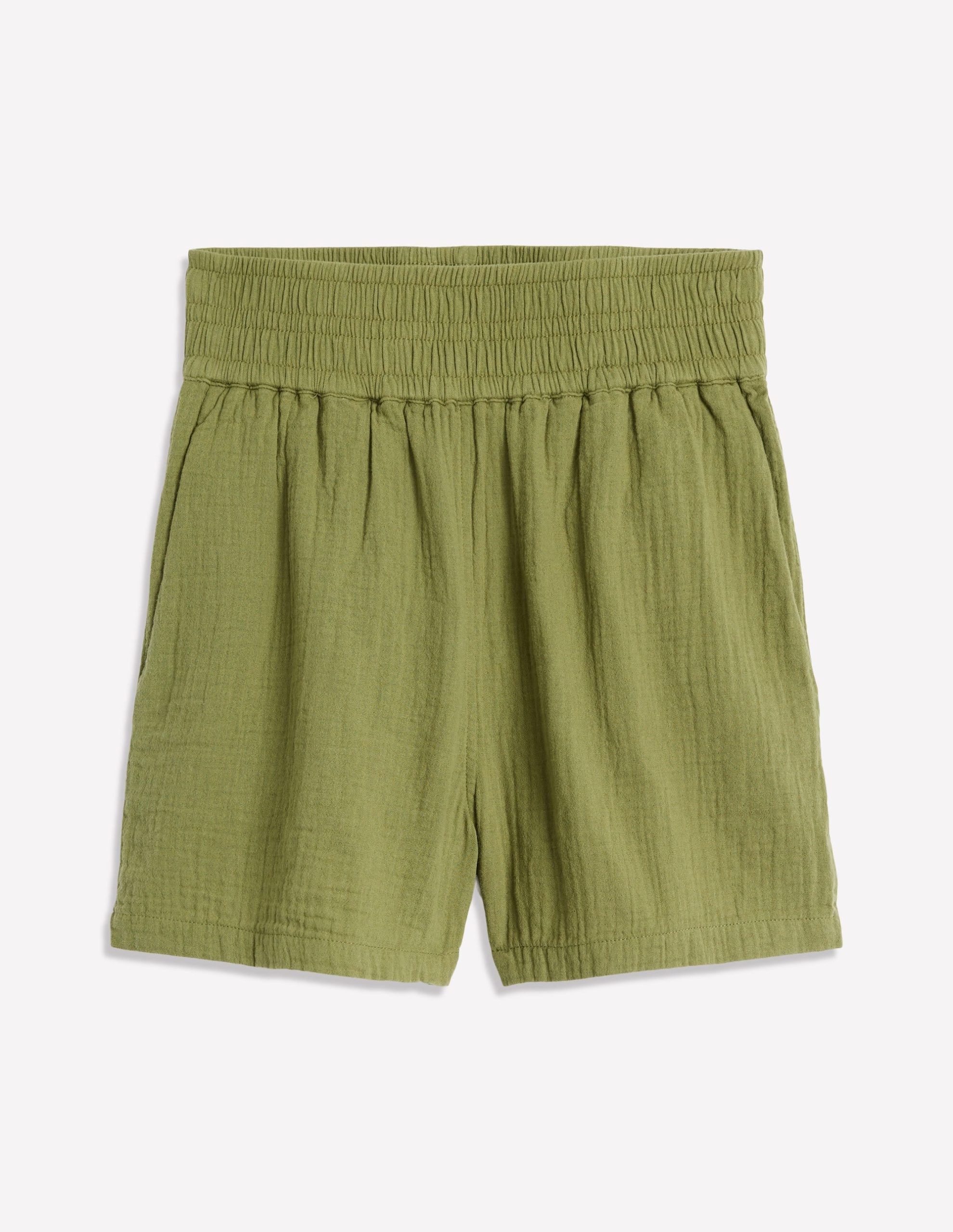 Smocked Double Cloth Shorts-Olive Green - Image 5