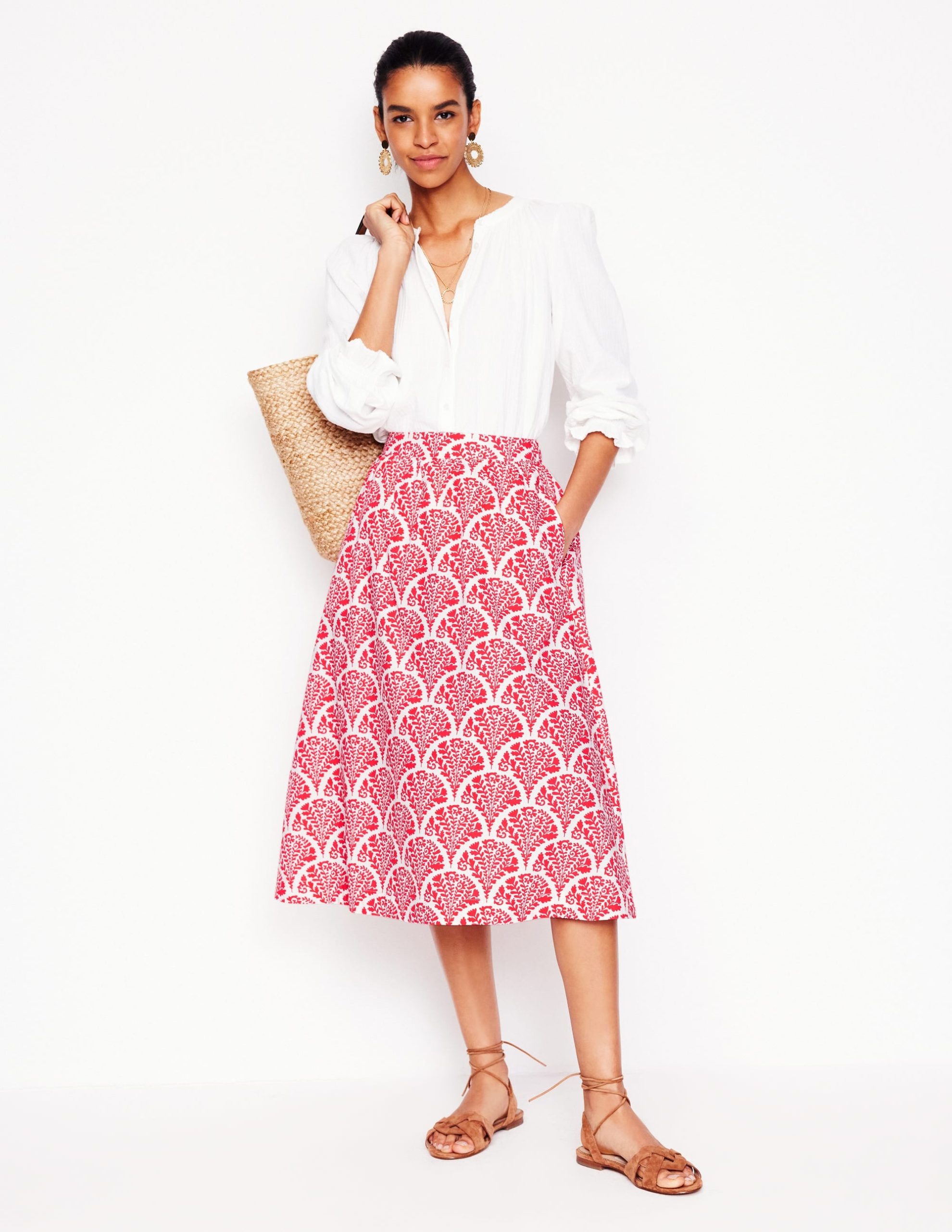 Hattie Poplin Midi Skirt-Jam Red. Blossomy